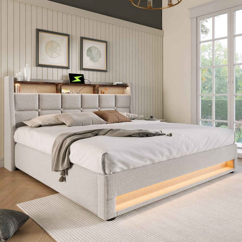 OKWISH Polsterbett Bett (LED Doppelbett Jugendbett mit Lattenrost und usb), 140x200cm,Ohne Matratze