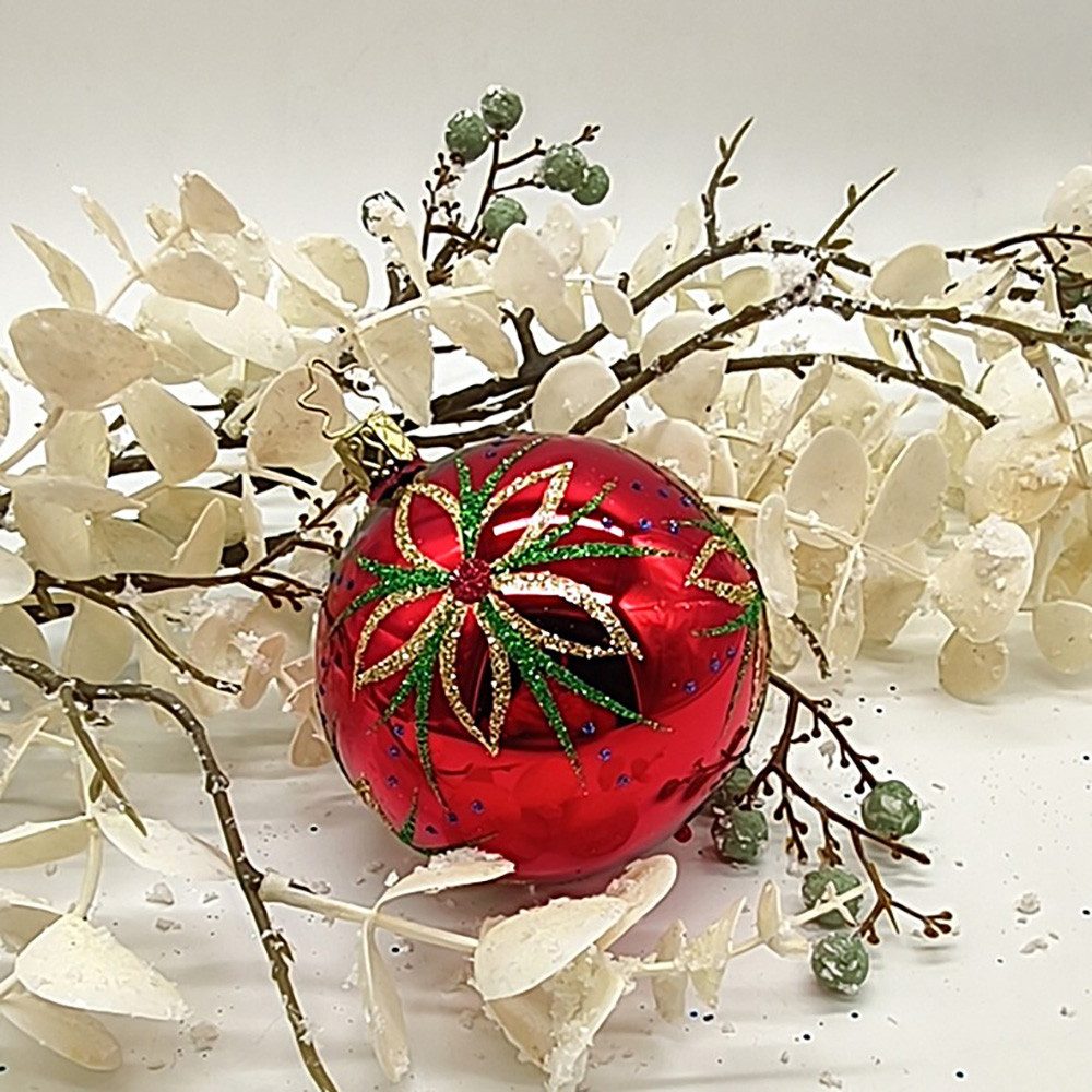 INGE-GLAS® Weihnachtsbaumkugel Christbaumkugel Blütenzauber rot glänzend Ø 8cm (1 St), mundgeblasen, handbemalt