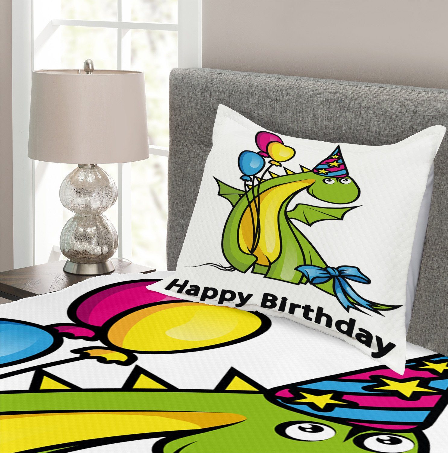 Tagesdecke Geburtstags-Dinosaurier Set Geburtstag Kissenbezügen Waschbar, Abakuhaus, mit