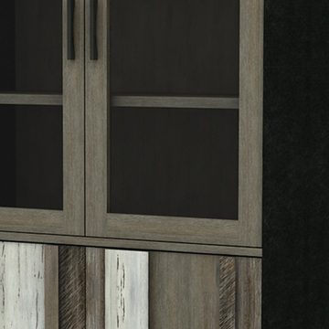 99rooms Vitrine Adesso Grau Schwarz Akazie (Standvitrine, Glasvitrine) aus Massivholz, Glaselemente, Metall, Skandinavisch Design