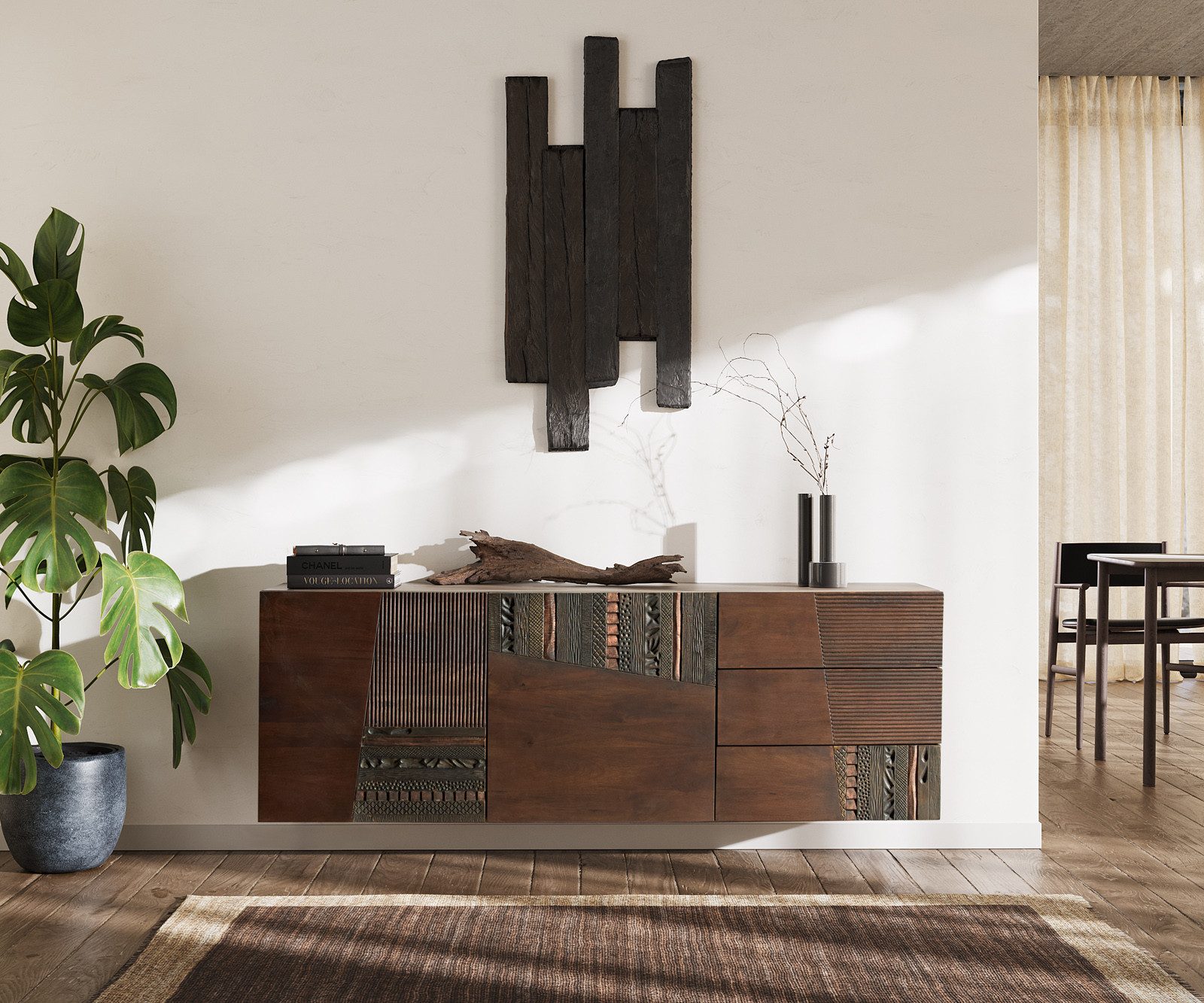 DELIFE Sideboard Imara, Mango Braun 175 cm 2 Türen 3 Schubladen schwebend Sideboard