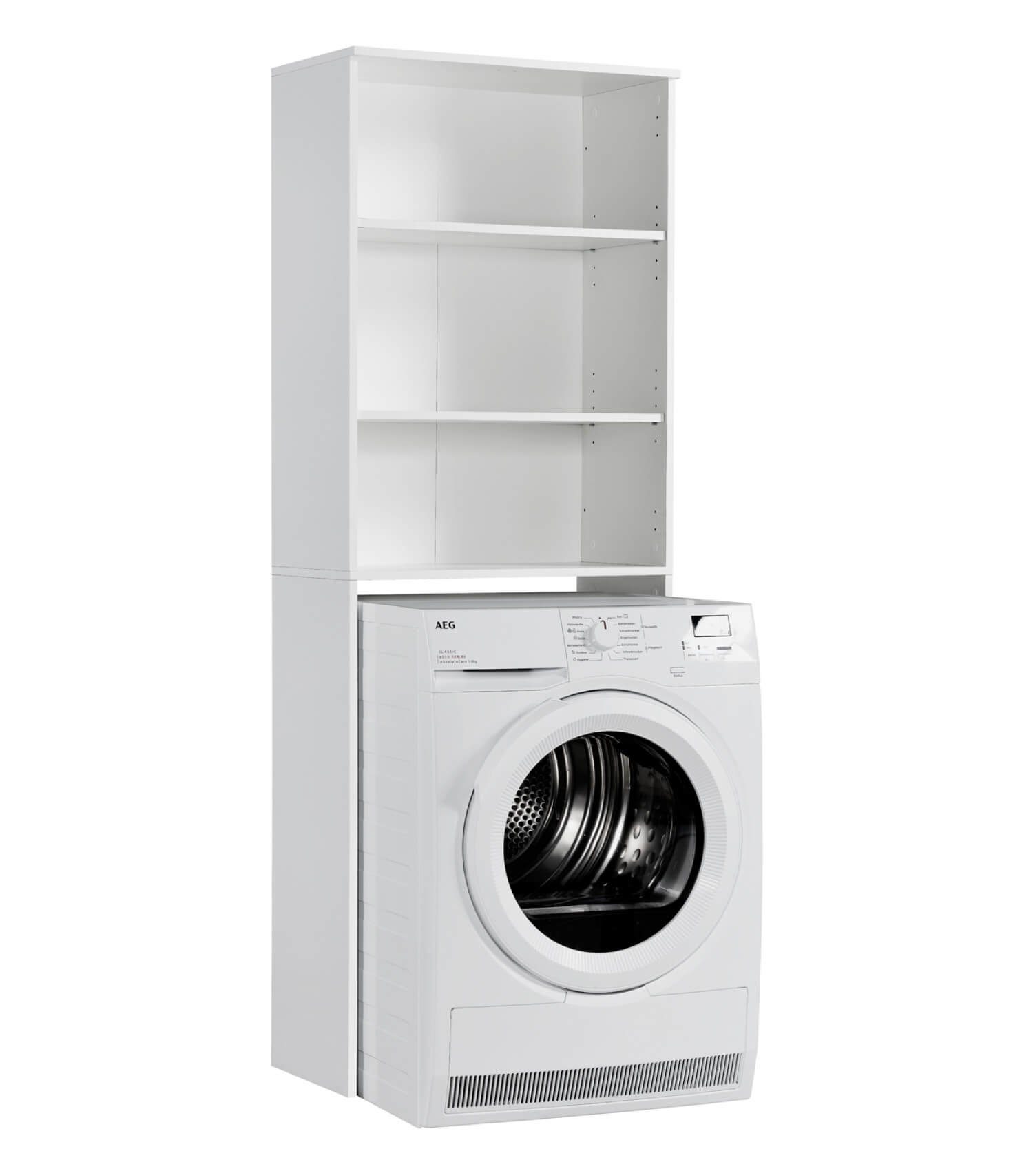 mokebo Waschmaschinenumbauschrank Der Saubermann (Offen) Überbau o. Überbauschrank für Waschmaschinen & Trockner, Weiß aus Holz