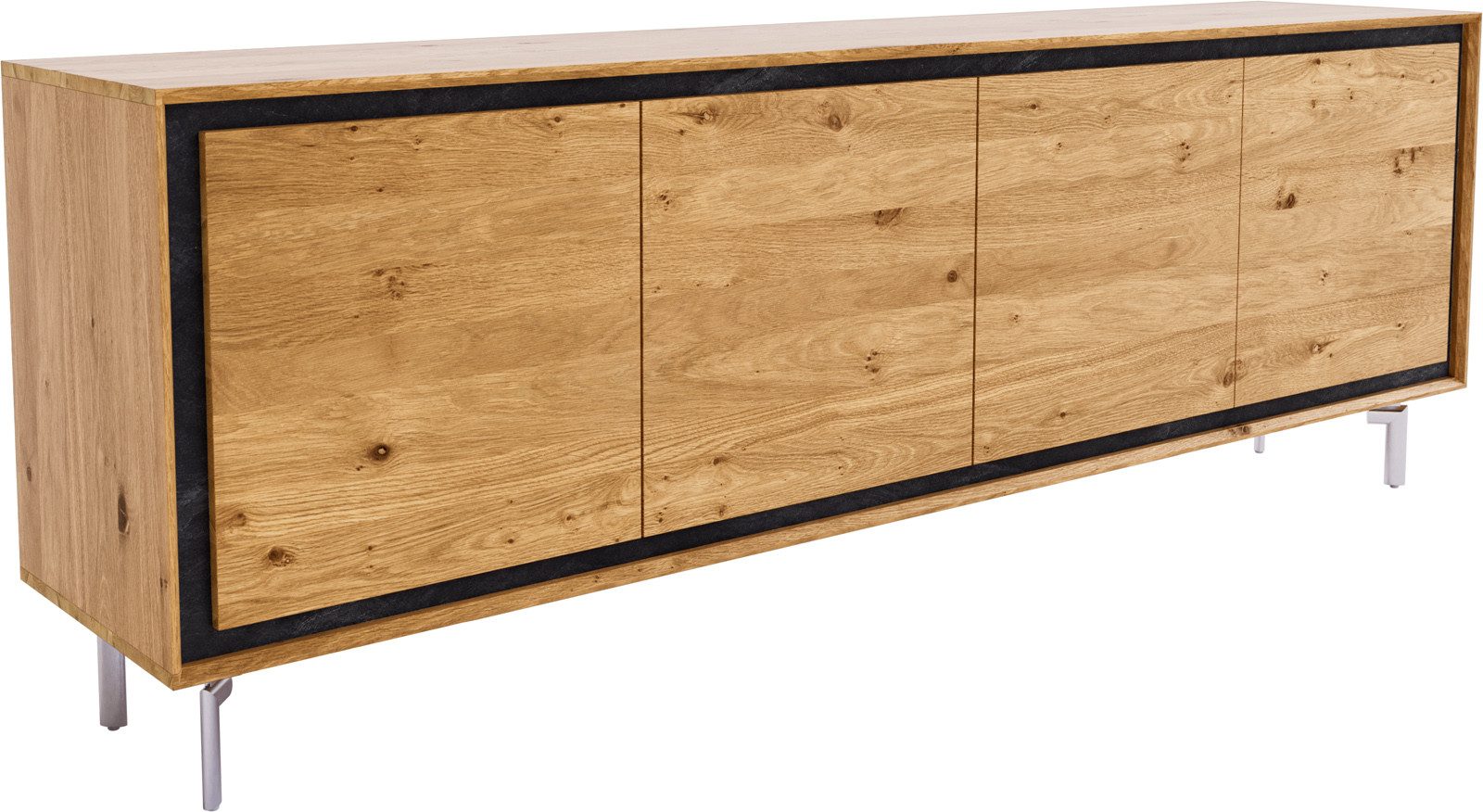 DELIFE Sideboard Stonegrace, Eiche Natur 200 cm 4 Türen Fuß Oval Edelstahl gebürstet Sideboard