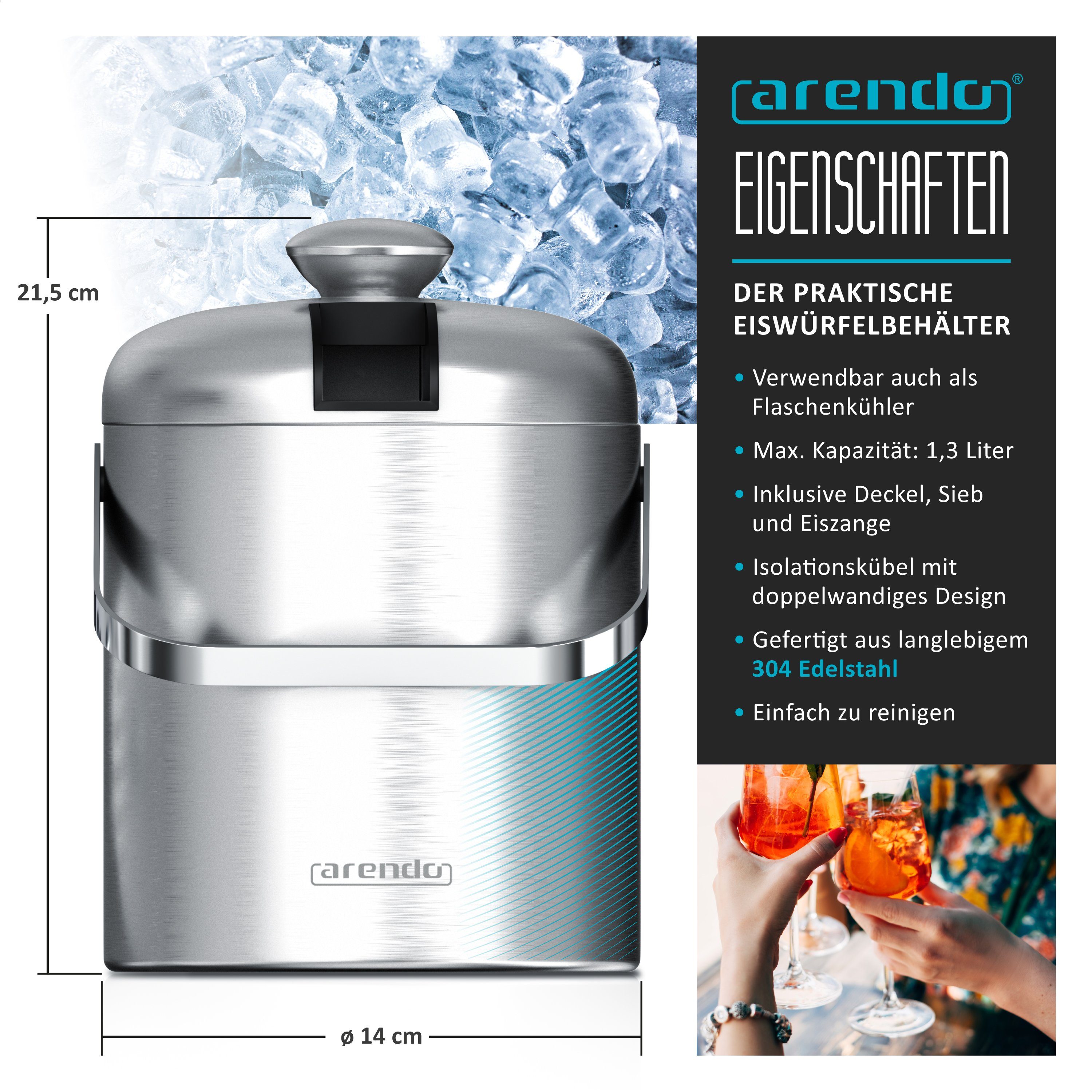 Arendo Eiseimer Edelstahl Eiswürfelbehälter mit Deckel, 1,3L, Eiseimer doppelwandig, Eiswürfelkühler, Eiskübel, mit Zange, Abtropffilter, Deckel, BPA frei