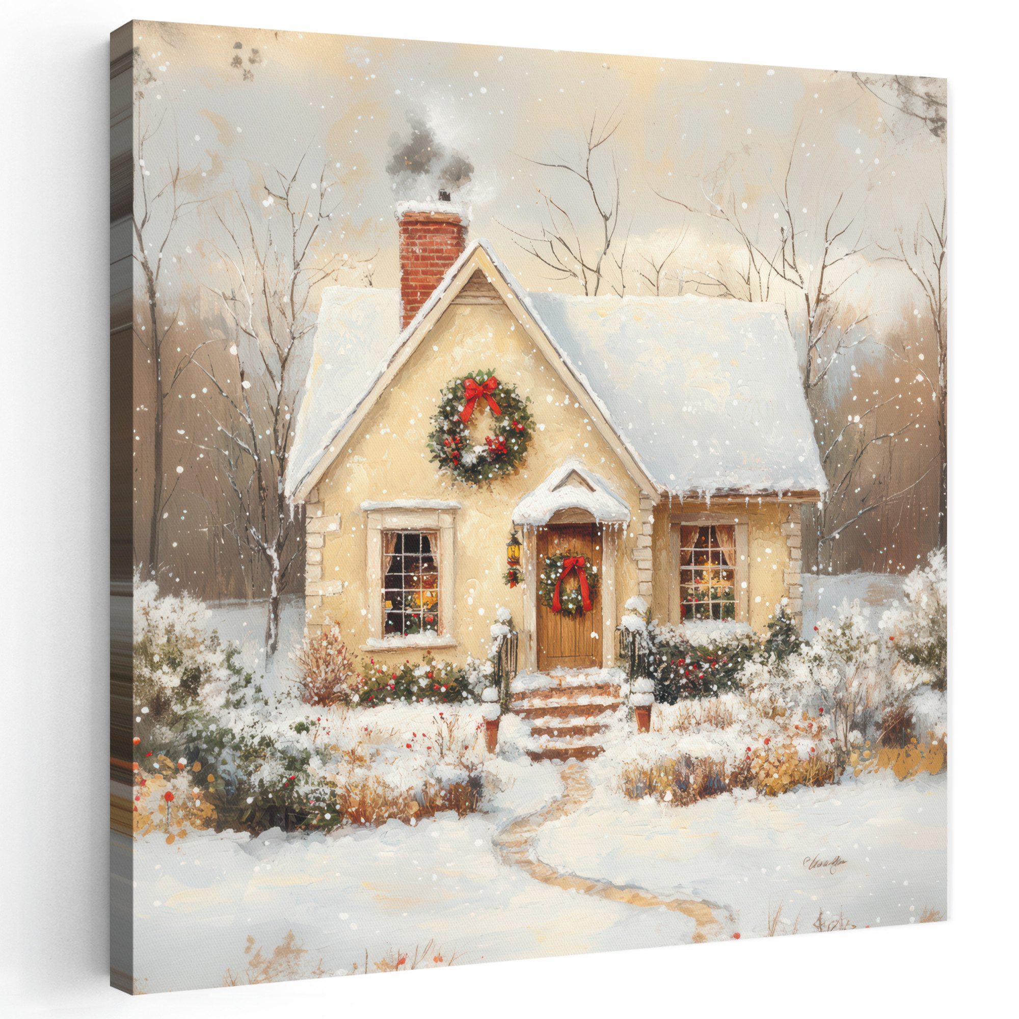 OneMillionCanvasses® Leinwandbild Weihnachten - Zuhause - Winter - Schnee, Fotodruck (1 St), Wandbild, Deko Schlafzimmer Wohnzimmer Flur 20x20 cm
