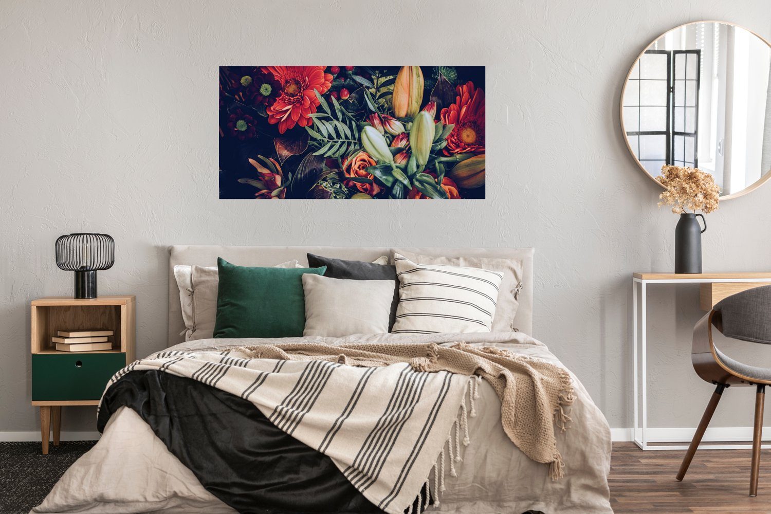 Wanddeko Blumen Ohne Wandposter, Poster St), - Pflanzen Bild Schlafzimmer, Blumenstrauß MuchoWow - (1 Rahmen, - Rot, Wohnzimmer, - für Stilleben