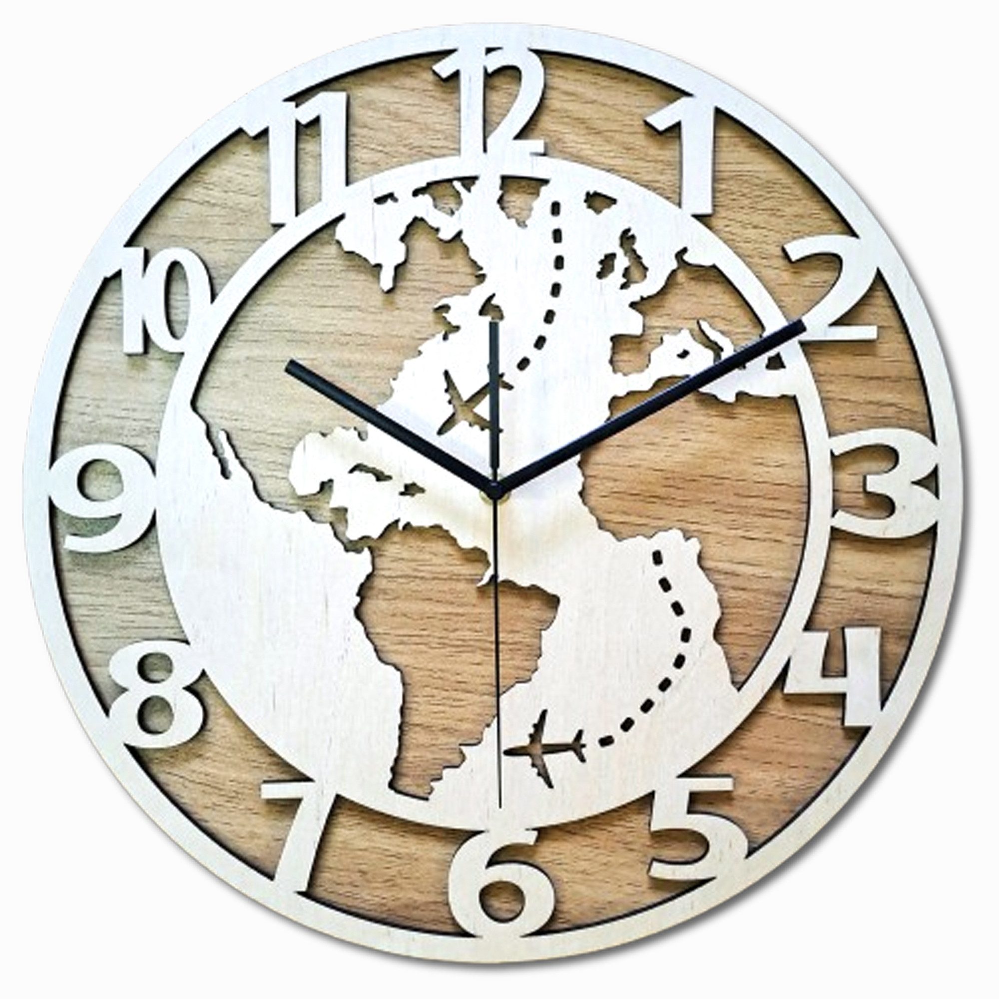 ORNAMENTI Wanduhr Dekorative Weltkarte, handgefertigte, Holz,Hingucker Wanddeko, Eiche (lautlos, ohne Tickgeräusche, lesbare Ziffern)