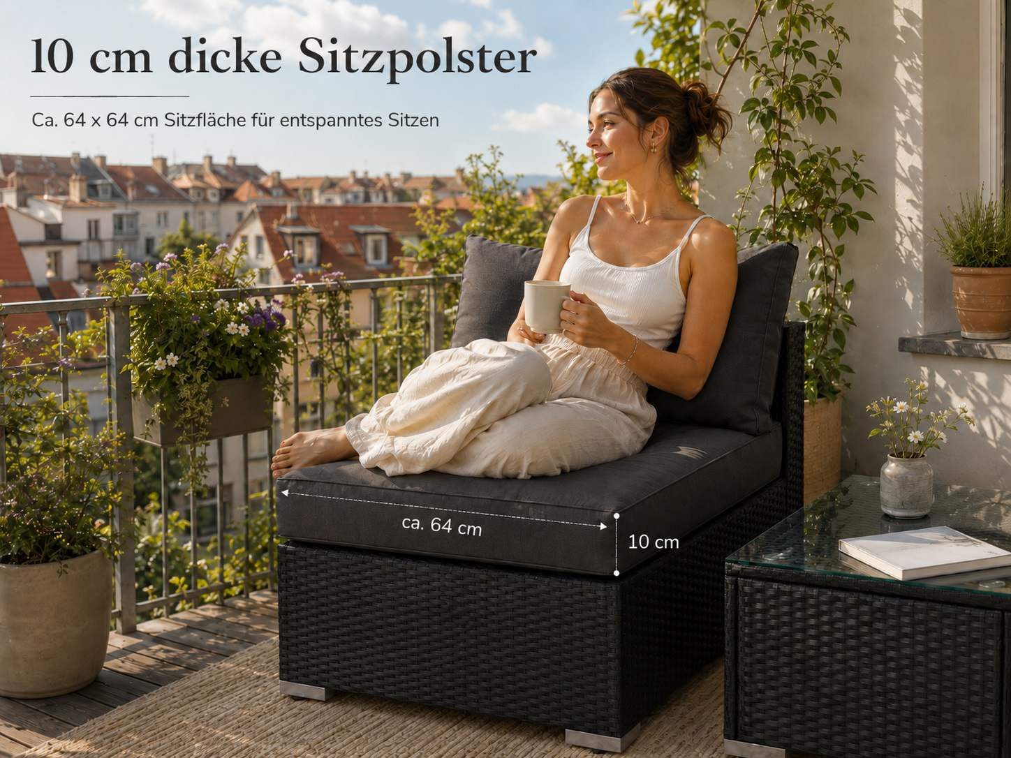 MeXo Gartenlounge-Set Balkonmöbel Set Modulsofa, (Loungesessel Outdoor, Gartenmöbel Set Klein mit 1 Tisch und 1 Sofa), 10 cm Kissen, wetterfest