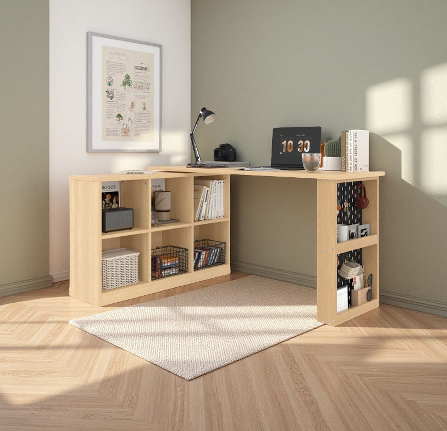 BlingBin Arbeitstisch Multifunktionaler Bürotisch, Sechsfach-Lagerschrank Ablage (1 Set, 1-St., 140 x 104 x 75cm), Lochplatte + Ablage, super belastbar, veränderbare Form