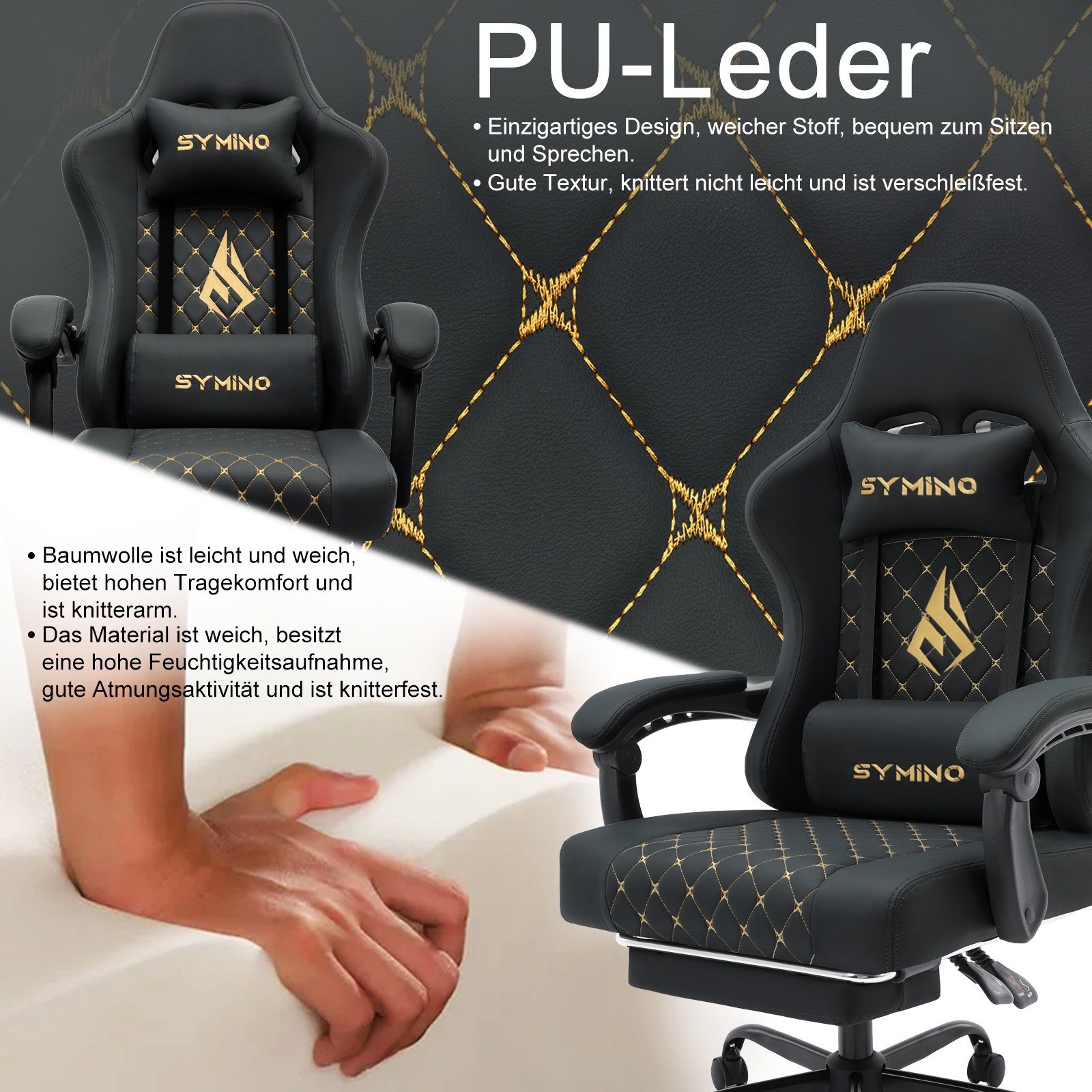 symino Gaming-Stuhl Ergonomischer PC Stuhl aus PU-Leder,200 kg Belastbarkeit, mit Fußstütze, Kopfstutze