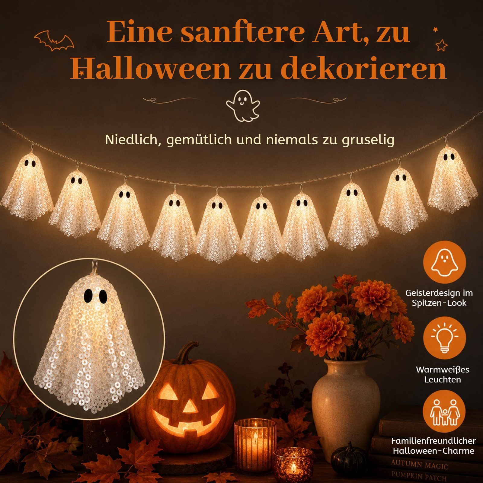 QUBEBU Dekolicht Halloween LED Lichterkette 200cm 10Stk Hängende Gespenst Lichterketten, Bling-Bling Geisterlichter, 2 Modi Warmes Licht Geist-Dekoration, Batteriebetriebene Gespenst Lampe für Party Garten Haustür Terrasse