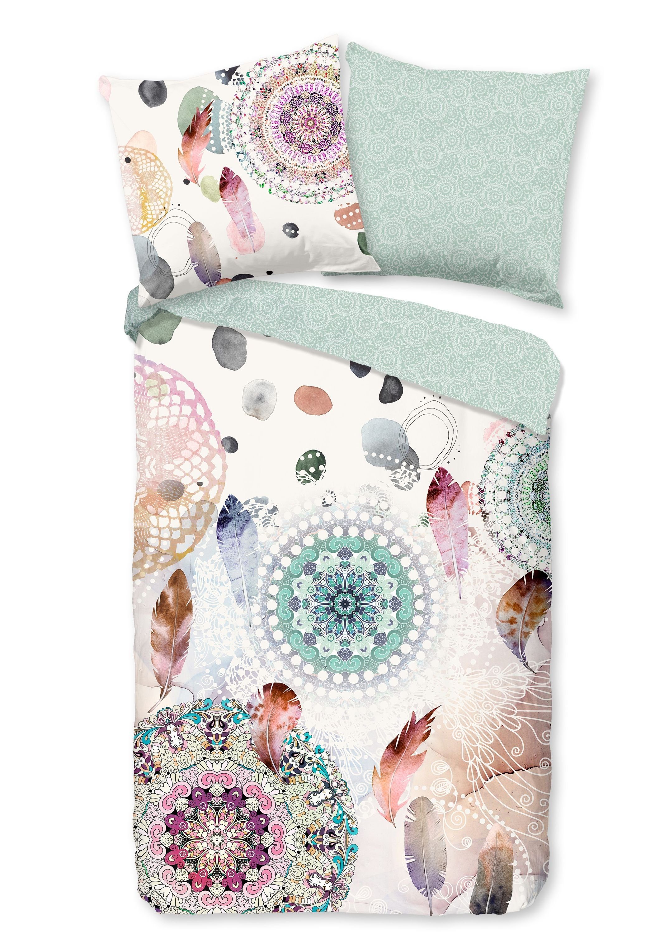 Traumschloss Bettwäsche Comfort Baumwolle, Flanell, 2 teilig, pastellfarbene Mandalas und Federn