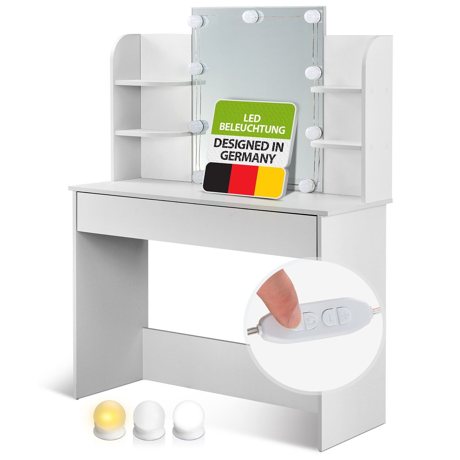 Juskys Schminktisch Bella, Inkl. LED Beleuchtung, Spiegel, Schublade mit 3 günstig online kaufen