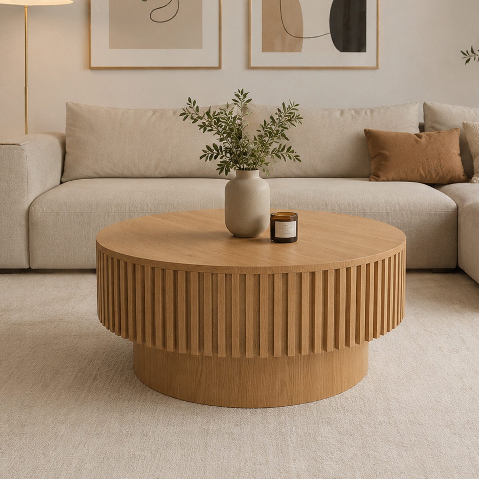 TWSOUL Couchtisch Runder Couchtisch mit Stauraum – Beistelltisch mit halbem Klappdeckel, für Wohnzimmer,Massivholz-Optik,80x35 cm