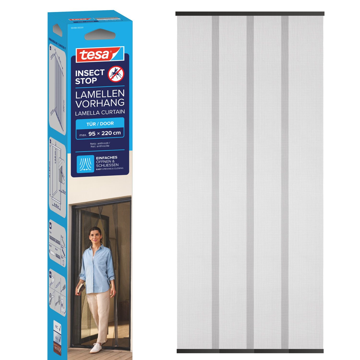 tesa Insektenschutz-Vorhang Lamellen Vorhang - Fliegenvorhang für Balkon und Terassentüren, (Komplett-Set, 1-St., ohne Bohren, Klettverschluss - 95 x 220 cm - Anthrazit (Durchsichtig), Fliegenvorhang - 4-teiliger Insektenschutzvorhang - für Türen