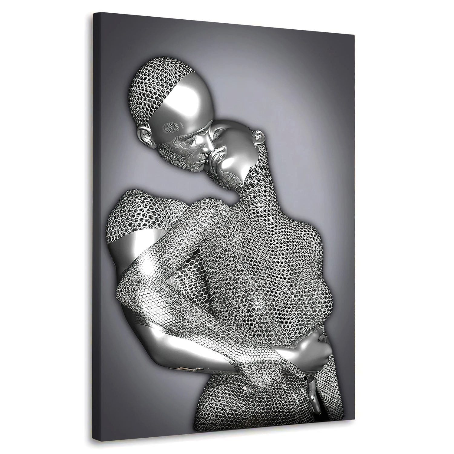 Artedinoi Leinwandbild Liebespaar Silber Umarmung surreal Leinwandbild Wandbild XXL Deko, Metallfiguren, Liebespaar surreal