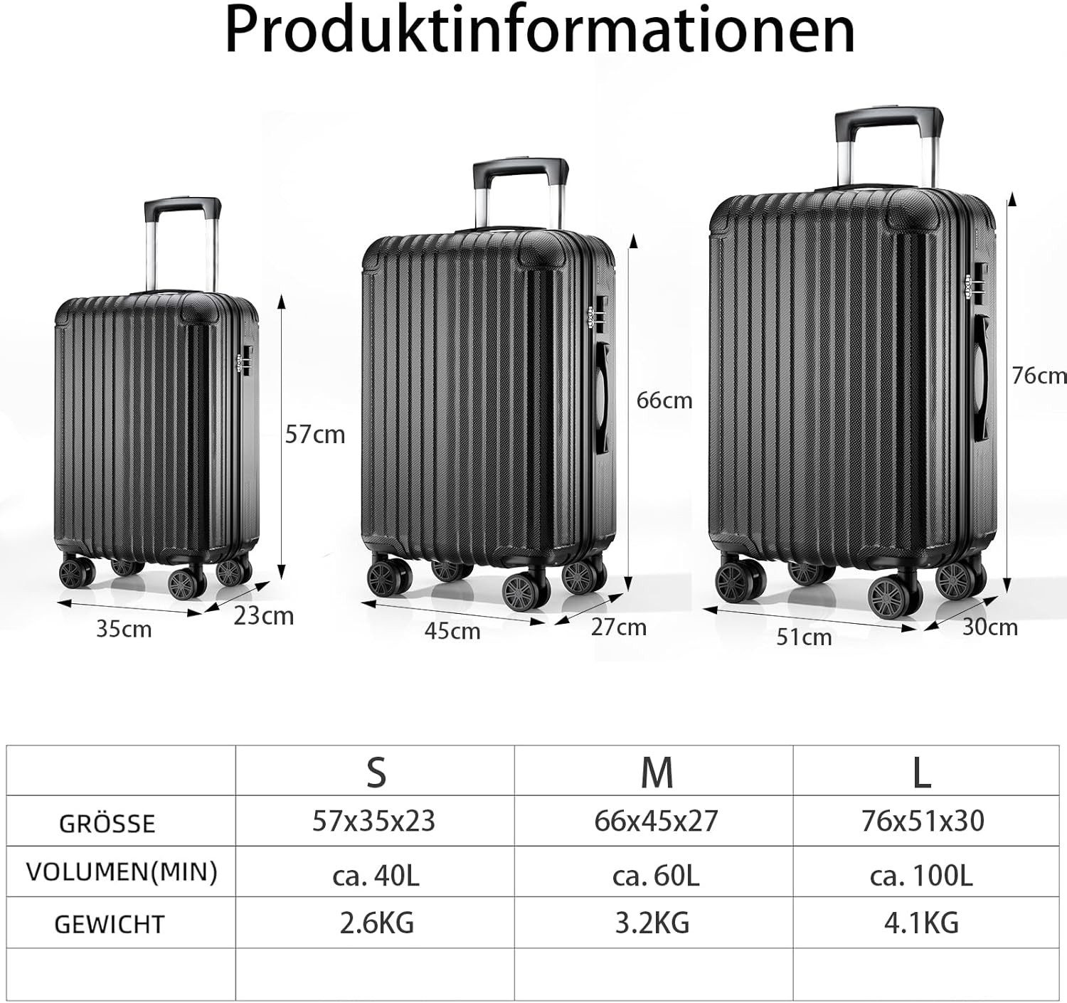 Abistab Hartschalen-Trolley Hartschalen Koffer, robuster Reisekoffer, 4 Rollen, mit Zahlenschloss, Koffer & Trolleys 57/66/76cm, 40/60/100L – Bild 5 von 5