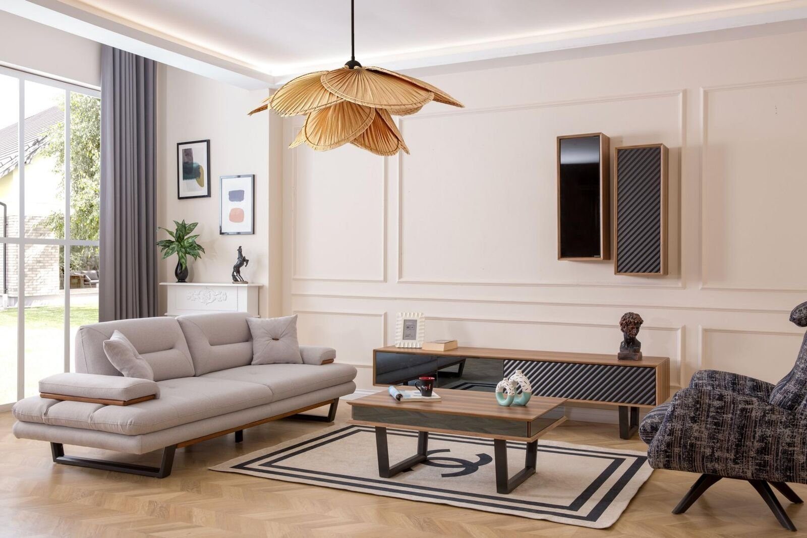 Sofa Design 6tlg (6-St., Made Möbel, Set 1x3-Sitzer+1xSessel+1xCouchtisch+1xTV Ständer+2xWandschrank), Sofagarnitur Europa Wohnzimmer-Set in JVmoebel Luxus Wohnzimmer Couchtisch