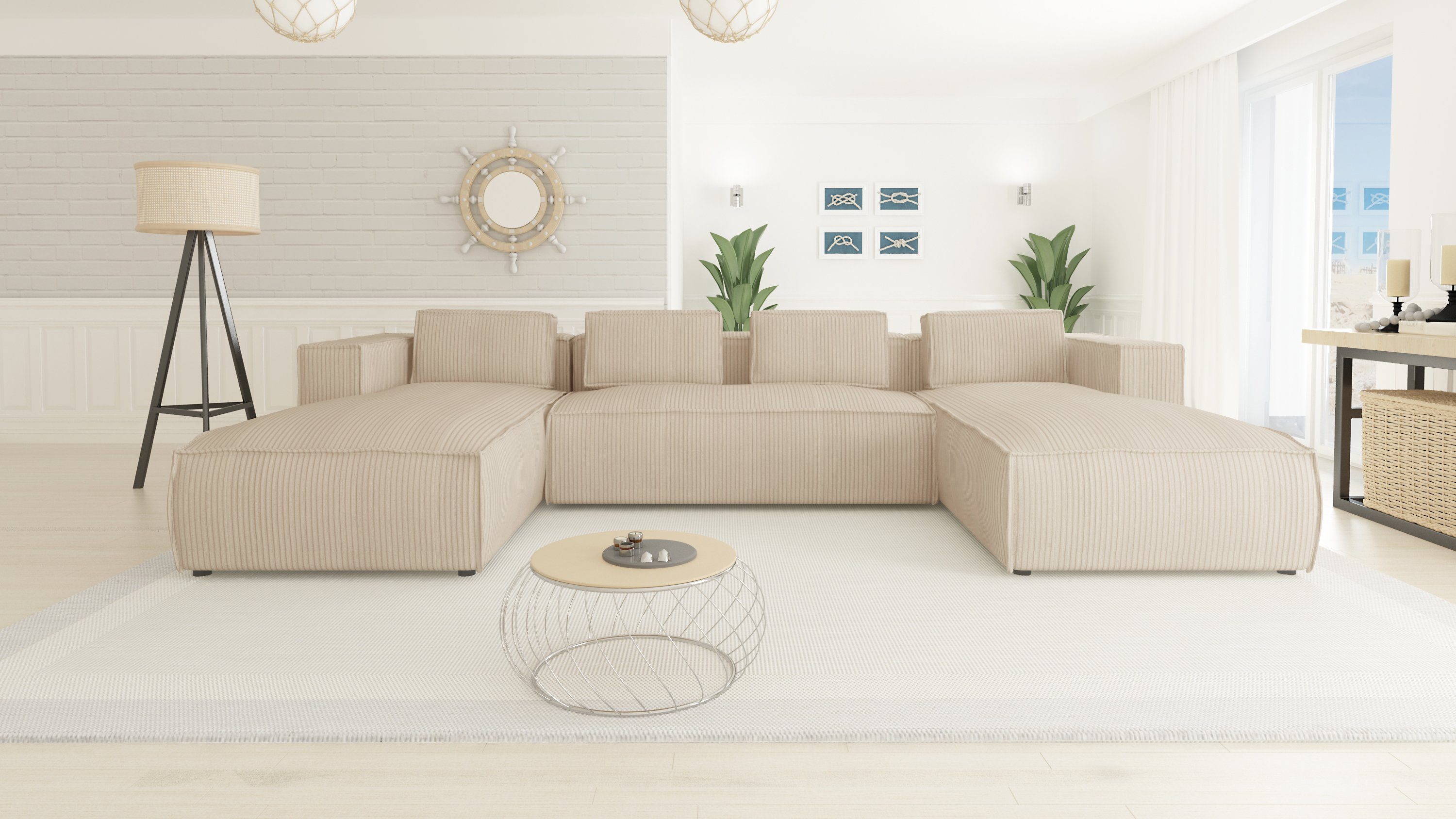 S-Style Möbel Ecksofa Cord auf mit sich Wohnlandschaft 3 Teile, mane Wellenfederung Renne, Die zwei Seiten befindet Beige