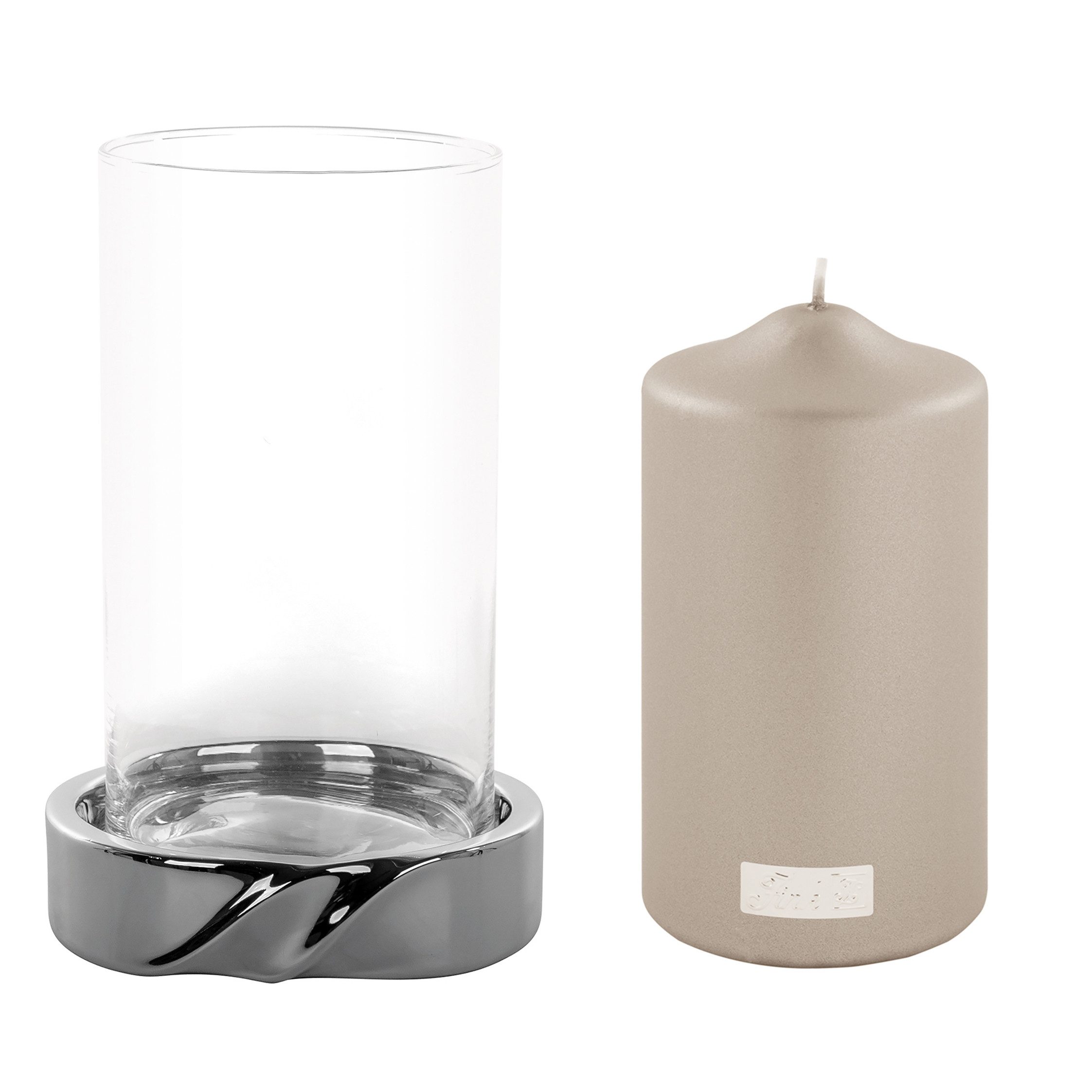 Fink Windlicht LE DECOR - Windlicht mit Kerze aus Edelstahl/Glas silber/stein (2er Set, 1 St., 2 Stück), Stumpenkerzenhalter - Kerzenlicht - Geschenkset - Dekoration Leuchter