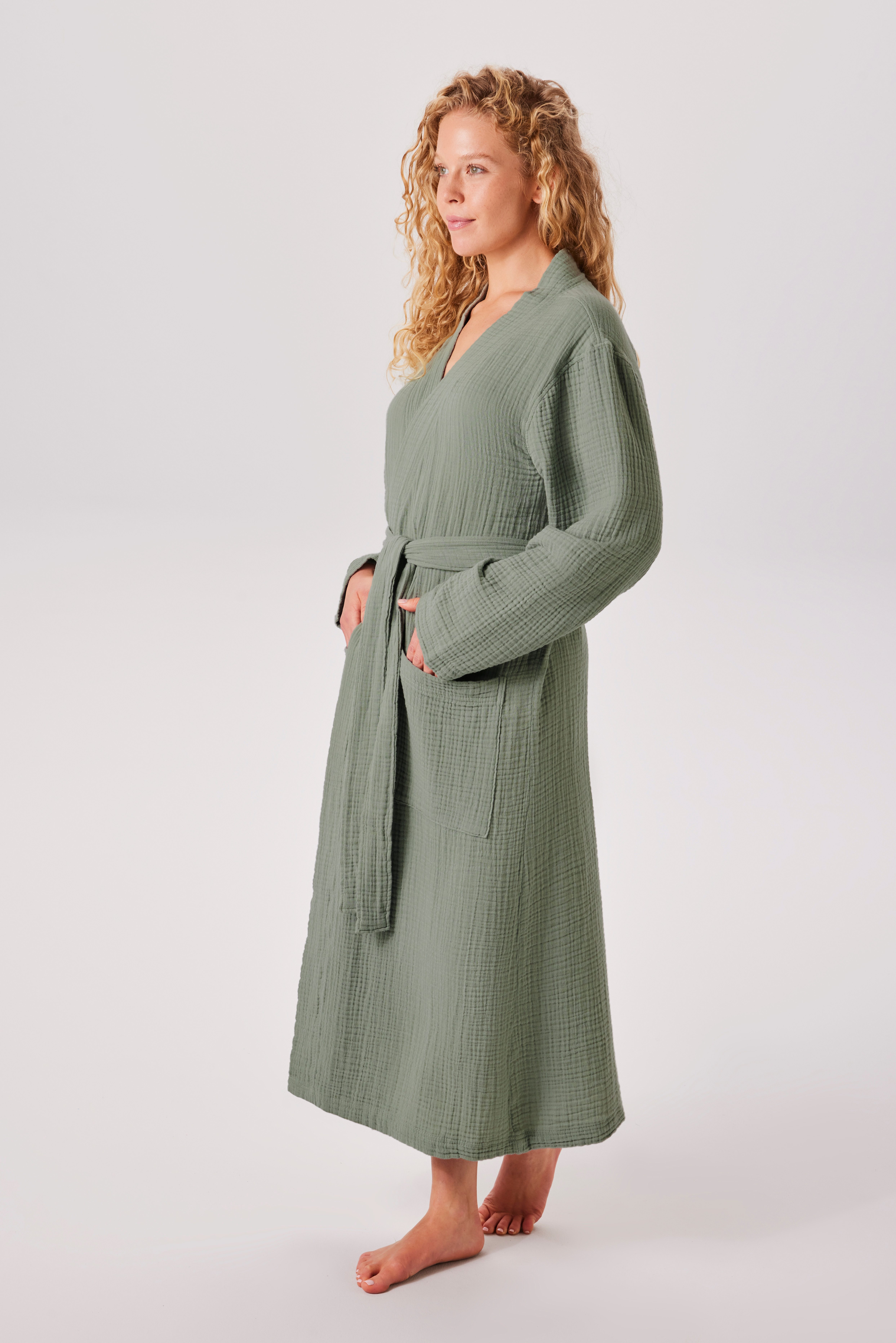 my home Bademantel Juna Musselin, ideal für Sauna & Spa, Hotelbademantel, Morgenmantel, Langform, Musselin, Kimono-Kragen, Gürtel, modern, leichte Qualität, 100% Baumwolle