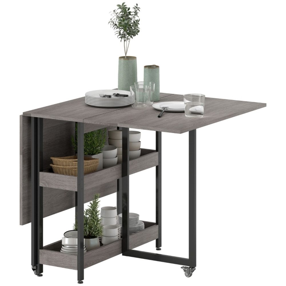 MODFU Esstisch Klapp‑Esszimmertisch 133,4×80×75 cm mit offenen Ablagen (Grau, Platzsparender Küchentisch, 1-St., für bis zu 4 Personen mit beweglichem Design), Vielseitige Tischlösung für kompakte Küchen‑ und Essbereiche