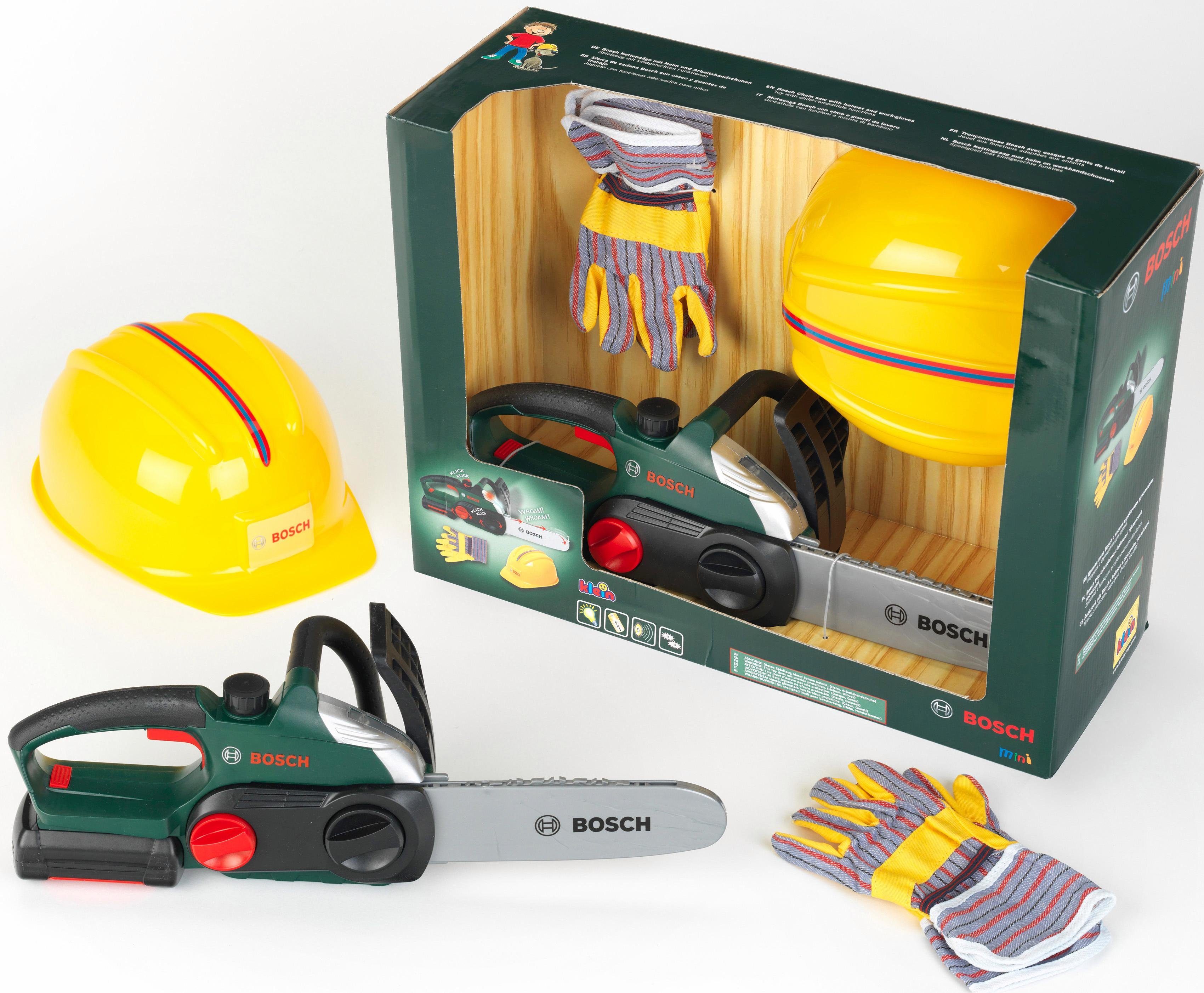 Klein Spielwerkzeug Bosch Kettensäge mit Helm und Handschuhe, (Set)