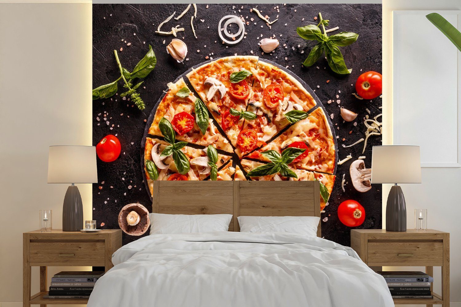 MuchoWow Fototapete Pizza - Gemüse St), - - Schlafzimmer Vliestapete Matt, Industrie, (4 Wohnzimmer - für Kräuter Küche, bedruckt, Fototapete Küche