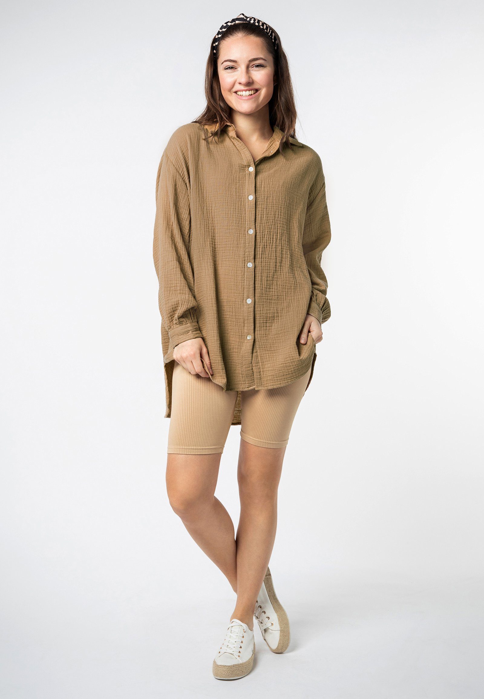 SUBLEVEL Langarmbluse Damen Musselinbluse langarm mit Kentkragen Oversizebluse aus Baumwolle