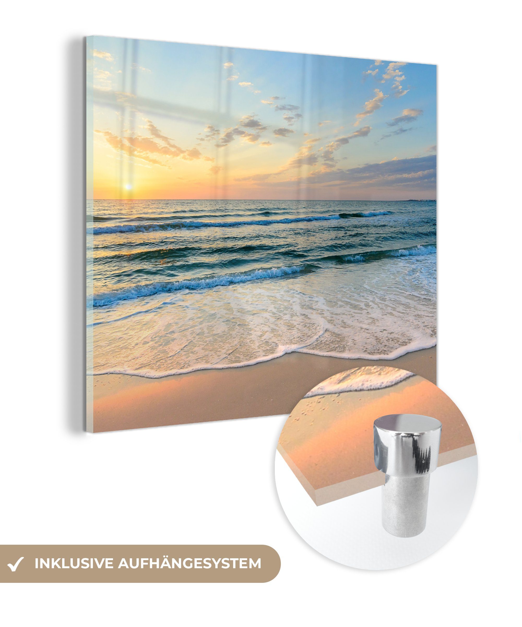 MuchoWow Acrylglasbild Strand - Meer - Sonnenuntergang - Golf, (1 St), Glasbilder - Bilder auf Glas Wandbild - Foto auf Glas - Wanddekoration