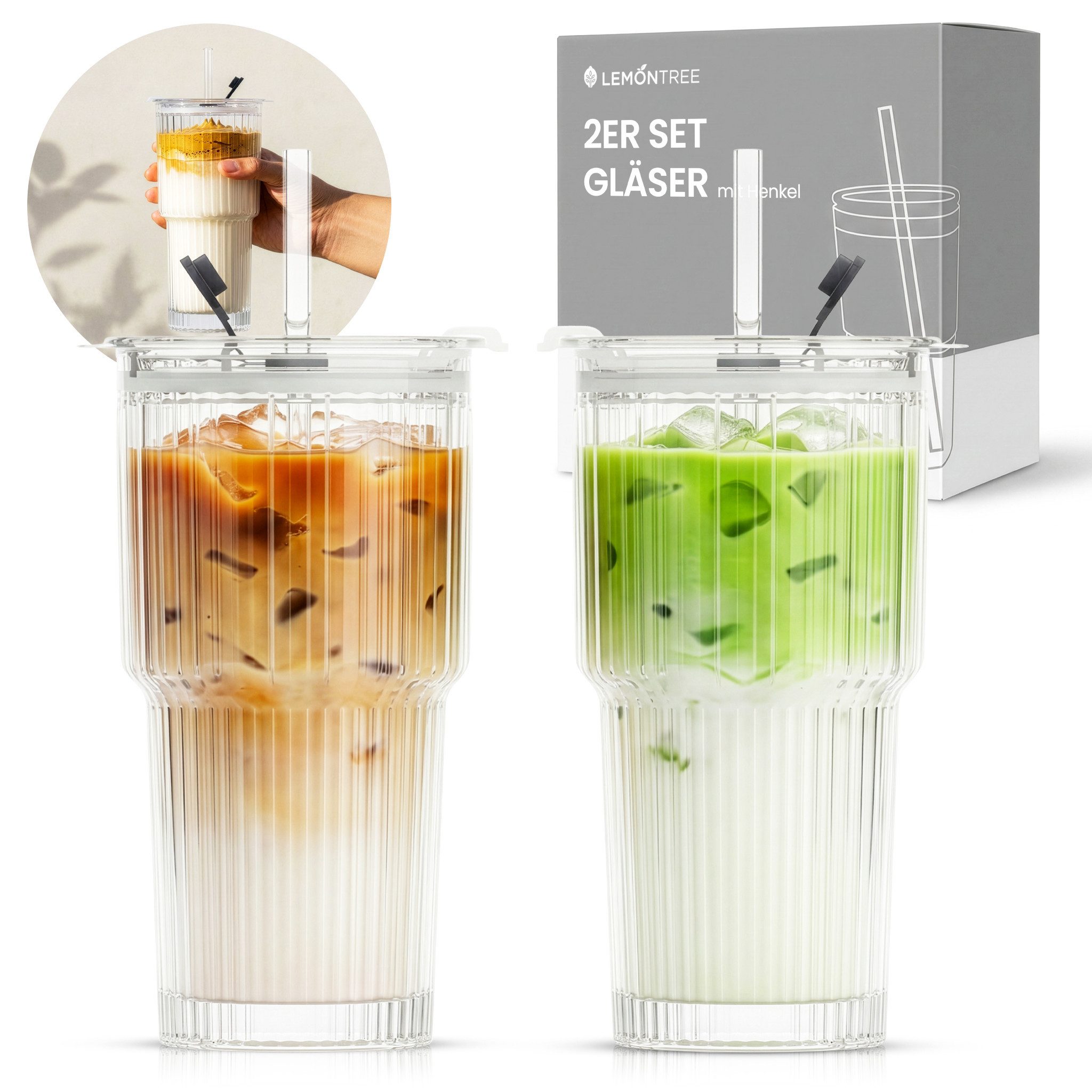 Lemontree Gläser-Set Glasbecher mit Deckel und Strohhalm 2er Set – 600ml Trinkgläser, 2-tlg., Geriffelte Trinkgläser mit Deckel – auslaufsicherer Smoothie Becher