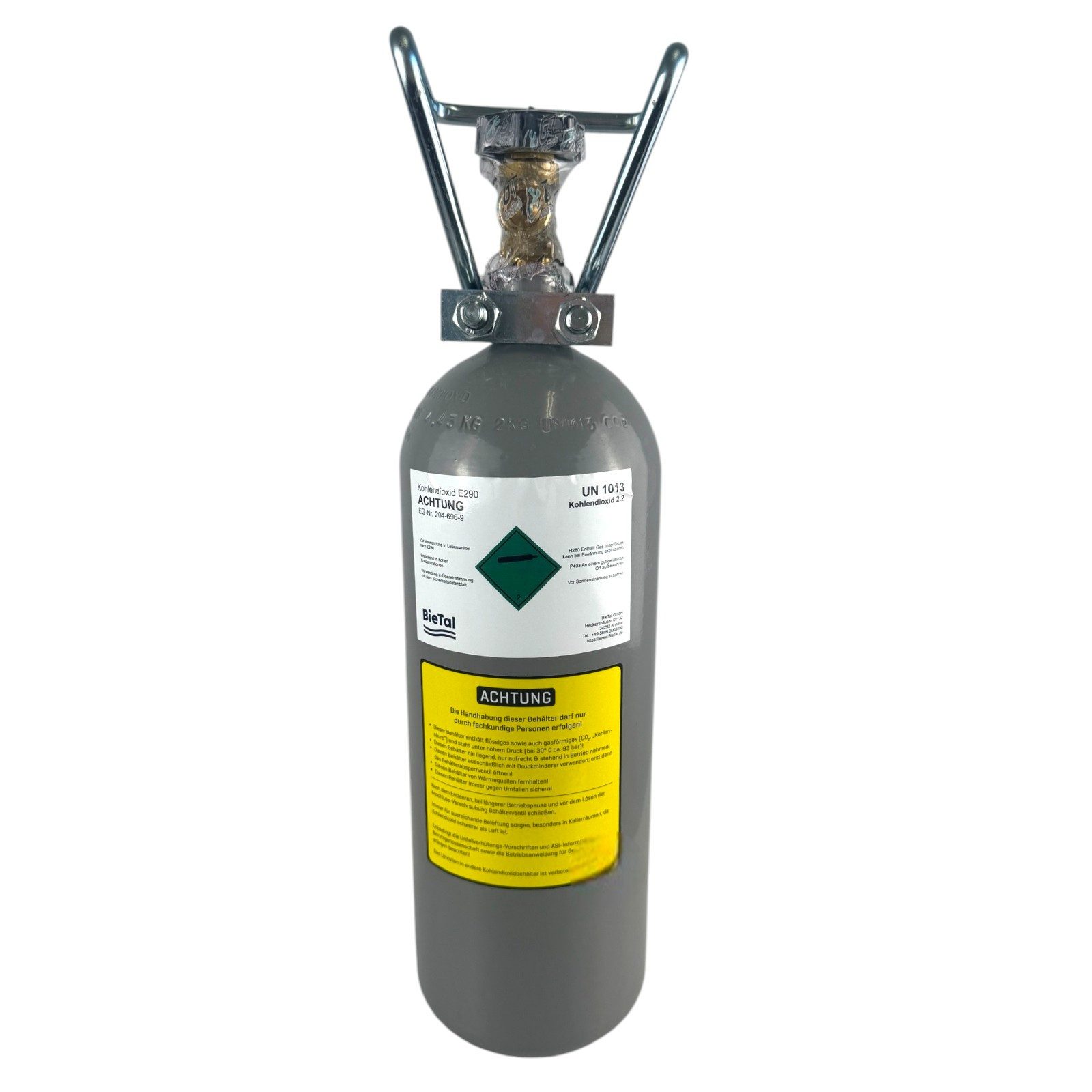 BieTal Gaskartusche CO2 Kohlensäureflasche Flasche Stahl BieTal® Getränke gefüllt 2kg E290, Zubehör für Zapfanlagen, 2 KG Kohlensäure für Lebensmittel nach E290