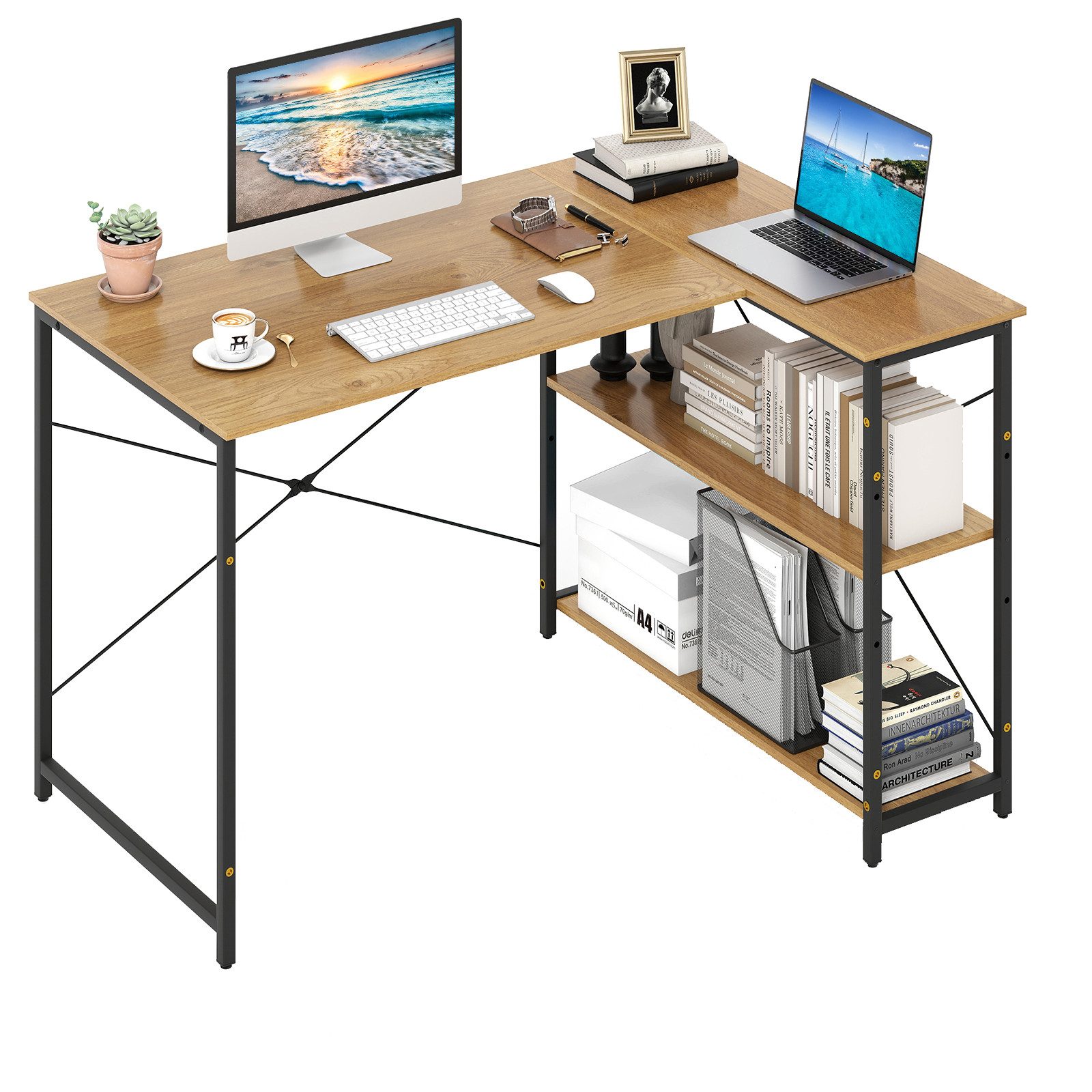 COSTWAY Eckschreibtisch, L-förmiger Schreibtisch mit regal, holz, natur