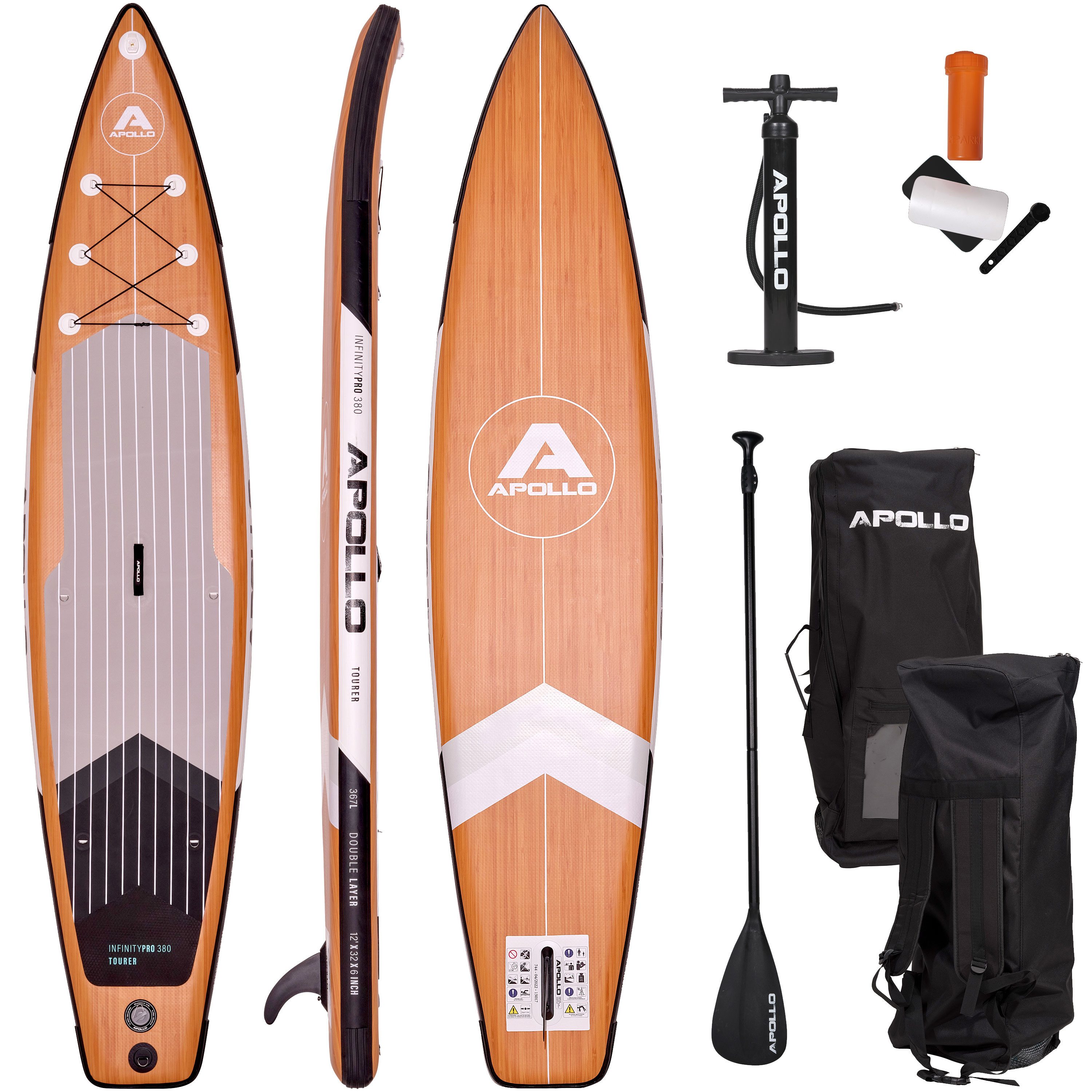 Apollo Inflatable SUP-Board iSUP Infinity Tourer, Komplett-Set, Aufblasbares Stand Up Paddle Board, Set mit verstellbarem Paddel, Hochdruckpumpe, Reparaturset & Rucksack