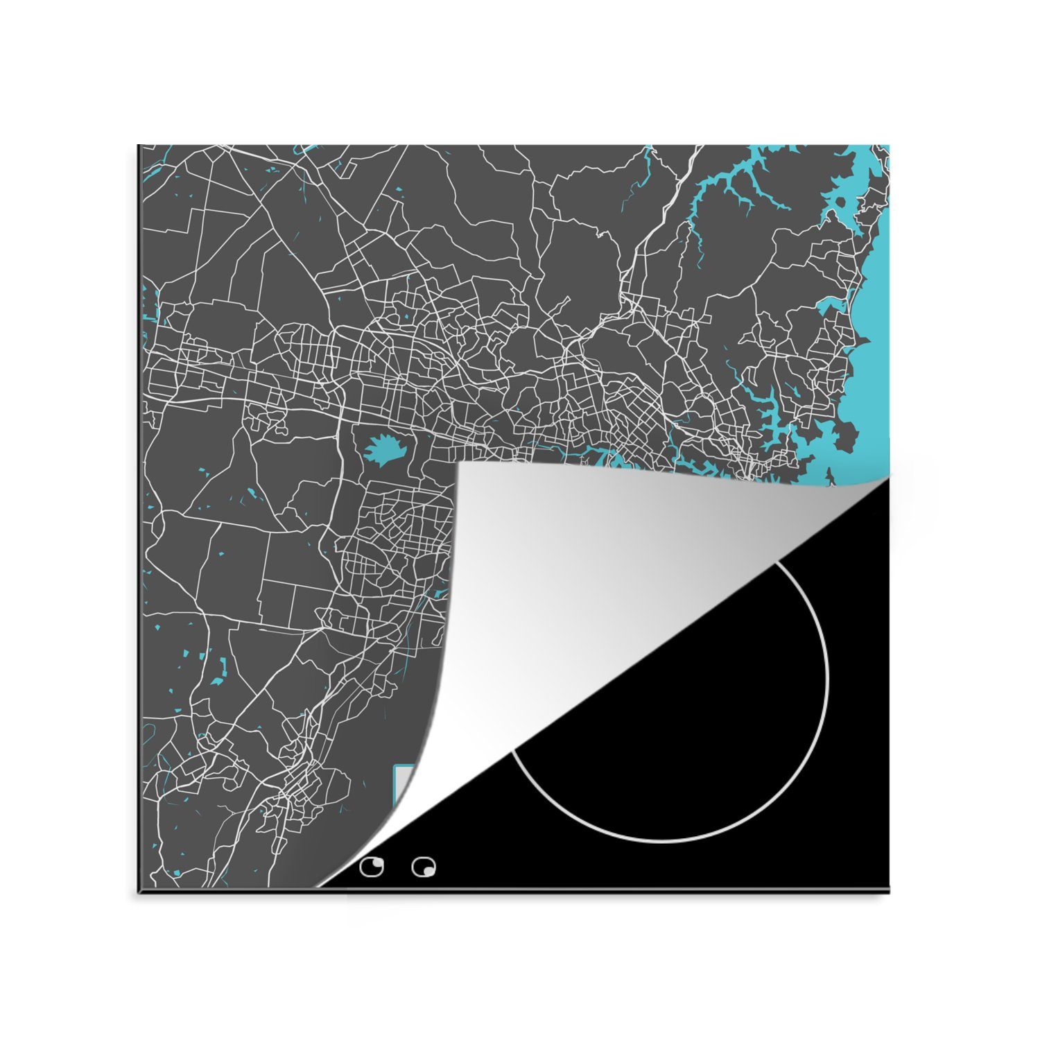 Vinyl, MuchoWow Stadtplan, tlg), für - Blau - 78x78 küche - Karte Herdblende-/Abdeckplatte cm, Ceranfeldabdeckung, Arbeitsplatte (1 Sydney