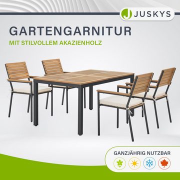 Juskys Garten-Essgruppe Rhodos, (5-tlg), aus Akazienholz mit Tisch, 4 Stühlen & Kissen