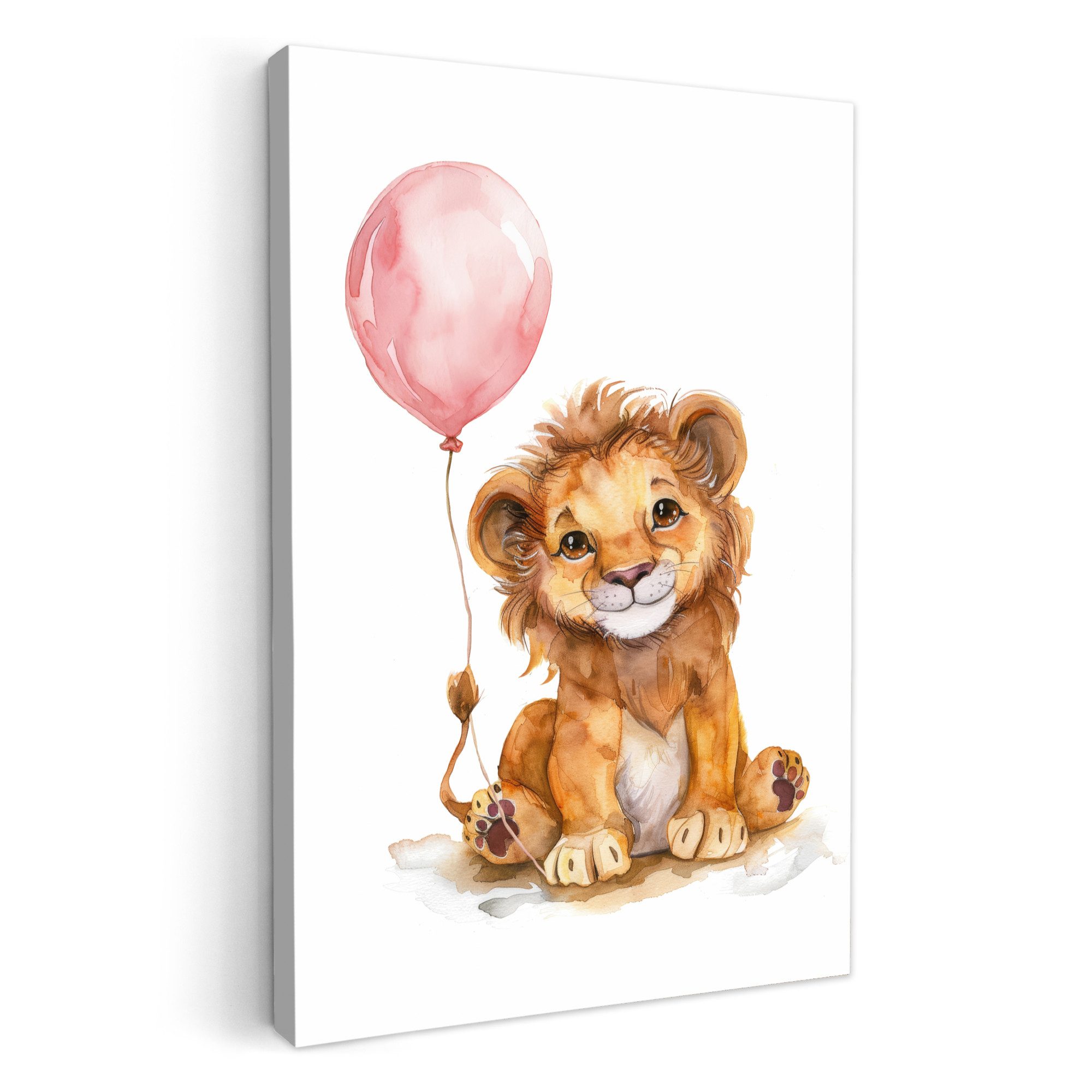 OneMillionCanvasses® Leinwandbild Löwe - Tierbaby - Tiere - Rosa Luftballon, Fotodruck (1 St), Kinderzimmer Deko, Mädchen und Jungen Bilder 20x30 cm
