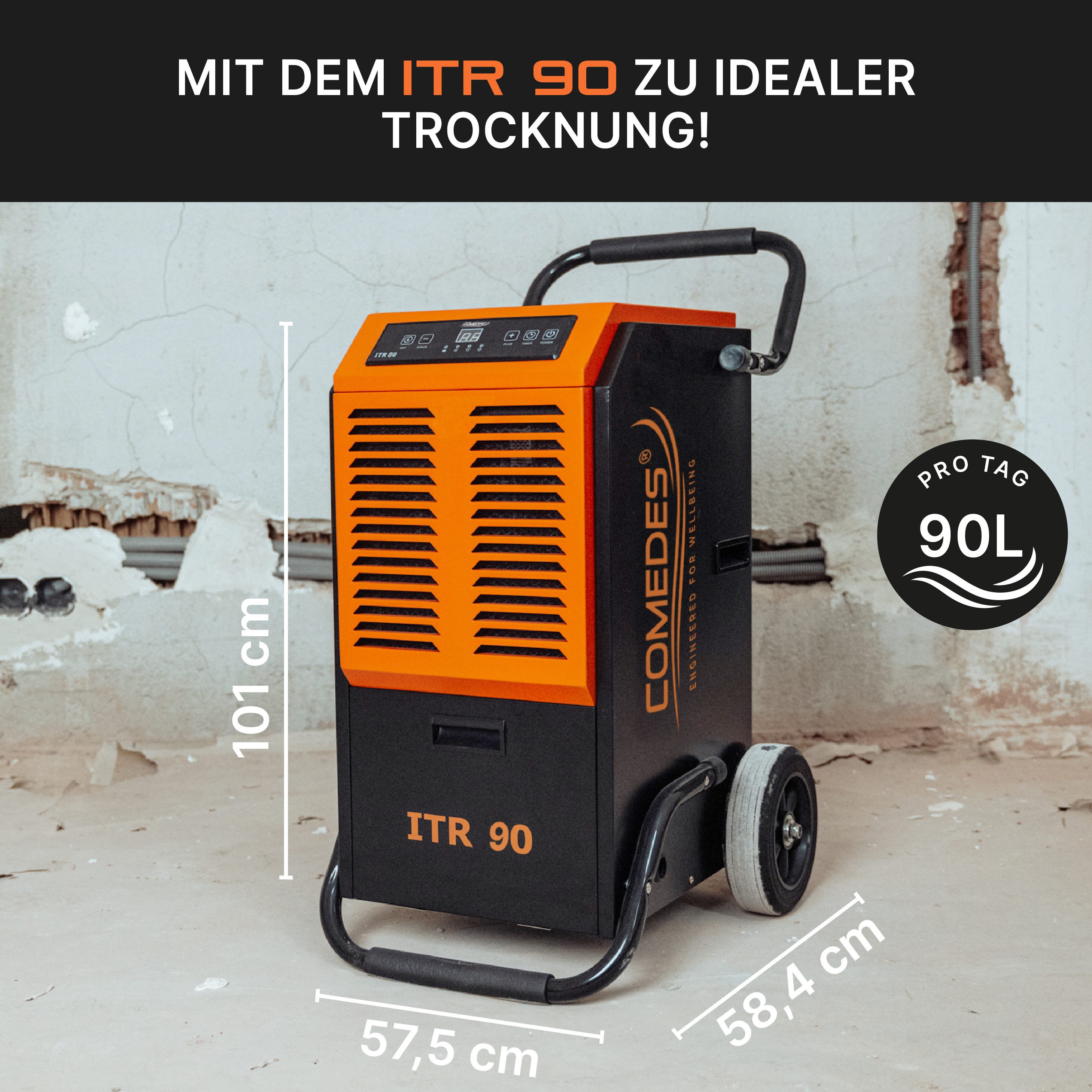 Comedes Bautrockner Bautrockner Luftentfeuchter ITR 90, mit integrierter Pumpe, für 345 m³ Räume, Entfeuchtung 90 l/Tag, Integrierte Drainagepumpe
