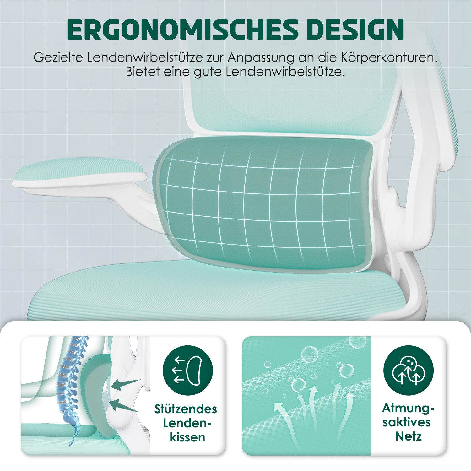 Fukstern Bürostuhl Ergonomischer Bürostuhl mit 90° klappbaren Armlehnen (Verstellbare Kopfstütze, atmungsaktiver Mesh-Bezug, Rücken- und Taillenstütze, Neigung fixierbar bei 90° (maximal kippbar bis 135), bis 150 kg belastbar
