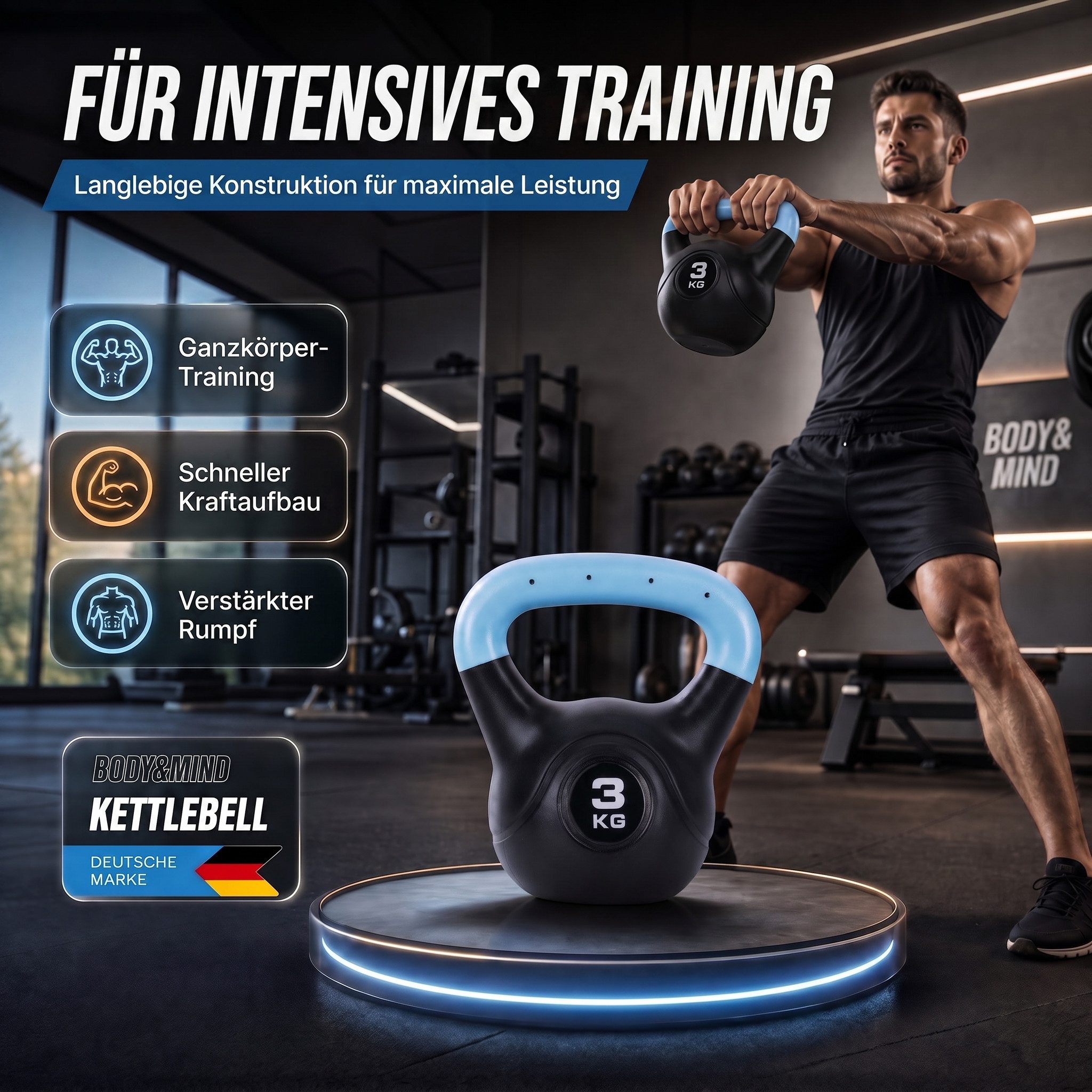 Body & Mind Kettlebell Body & Mind Kettlebell 2–20 kg – Profi Kettlebell mit Kunststoffmantel, (Profi Schwunghantel), Kraftraining Workout Gewicht (3 kg)