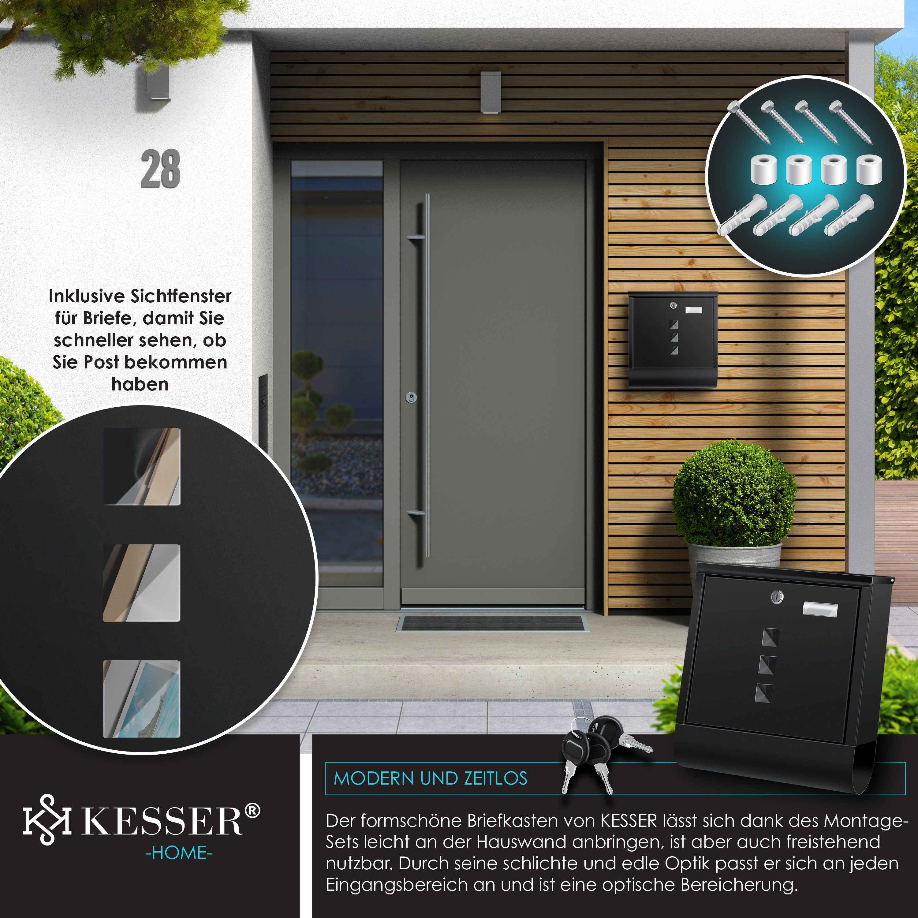 KESSER Briefkasten aus Edelstahl mit Zeitungsfach, 3x Schlüssel & Wandmontage-Material, (Pulverbeschichtet & gebürstet) mit Namensschild & Sichtfenster – Bild 5 von 5