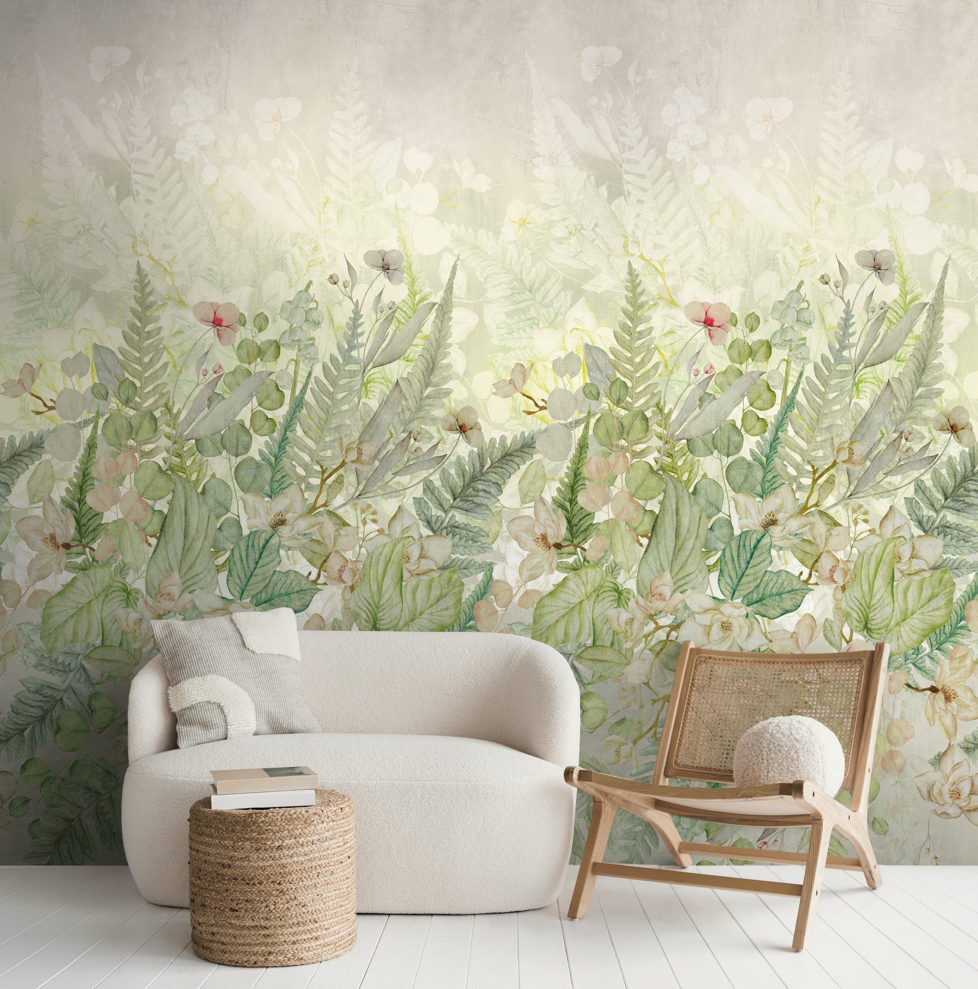 living walls Fototapete The Wall 4 Flowers – Botanische Blätter Vlies-Fototapete, leicht strukturiert, floral, matt, botanisch, (1 St), Botanische Blätter mit dekorativer Tiefenwirkung