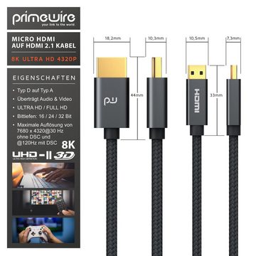 Primewire HDMI-Kabel, 2.1, HDMI Typ D (Micro), HDMI Typ A (100 cm), 8K HDMI auf microHDMI Adapterkabel 7680 x 4320 @ 120Hz mit DSC - 1m
