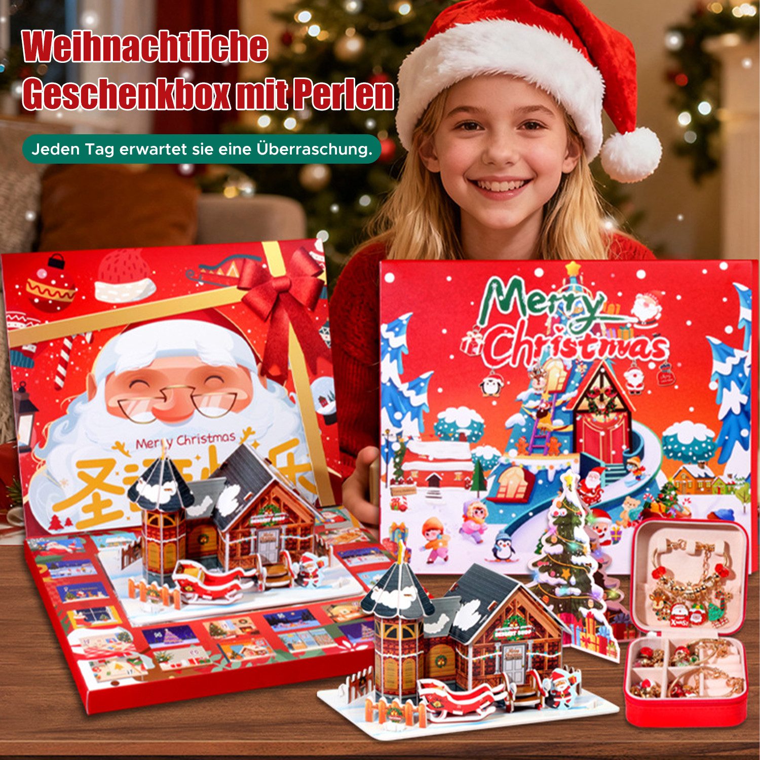 Refttenw Kreativset Weihnachtsgeschenkbox mit Perlen zum Selbermachen,Haus mit Puzzle