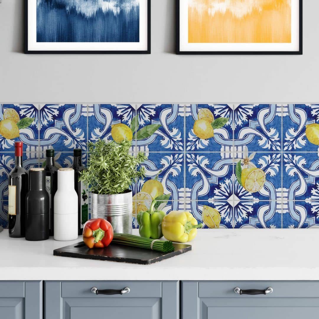 K&L Wall Art Fliesenaufkleber selbstklebend Wandschutz Sticker Set Sizilien Zitrone Italien Gelb