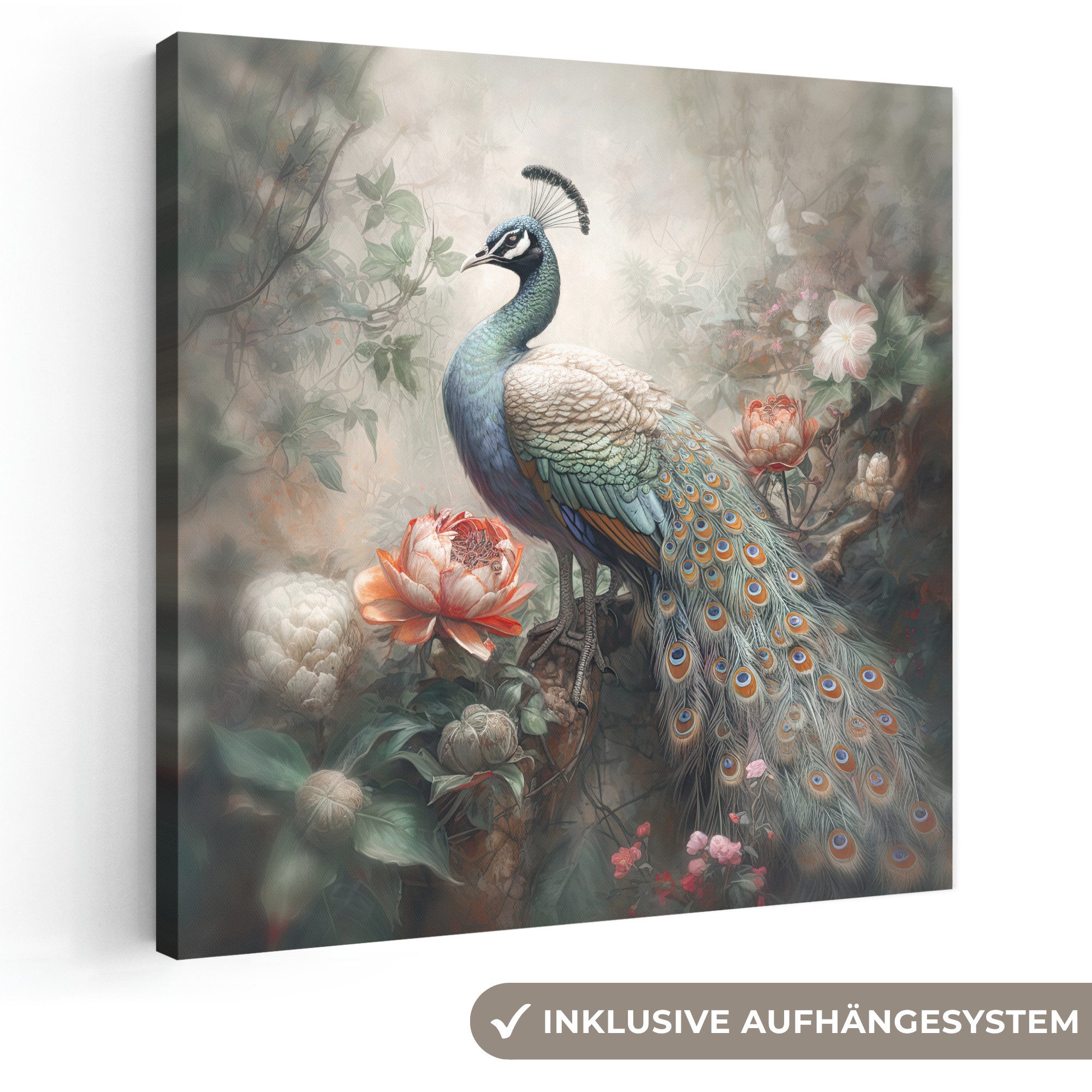 OneMillionCanvasses® Leinwandbild Pfau - Pfauenfedern - Vogel - Dschungel - Blumen, Fotodruck (1 St), Wandbild, Deko Schlafzimmer Wohnzimmer Flur 20x20 cm