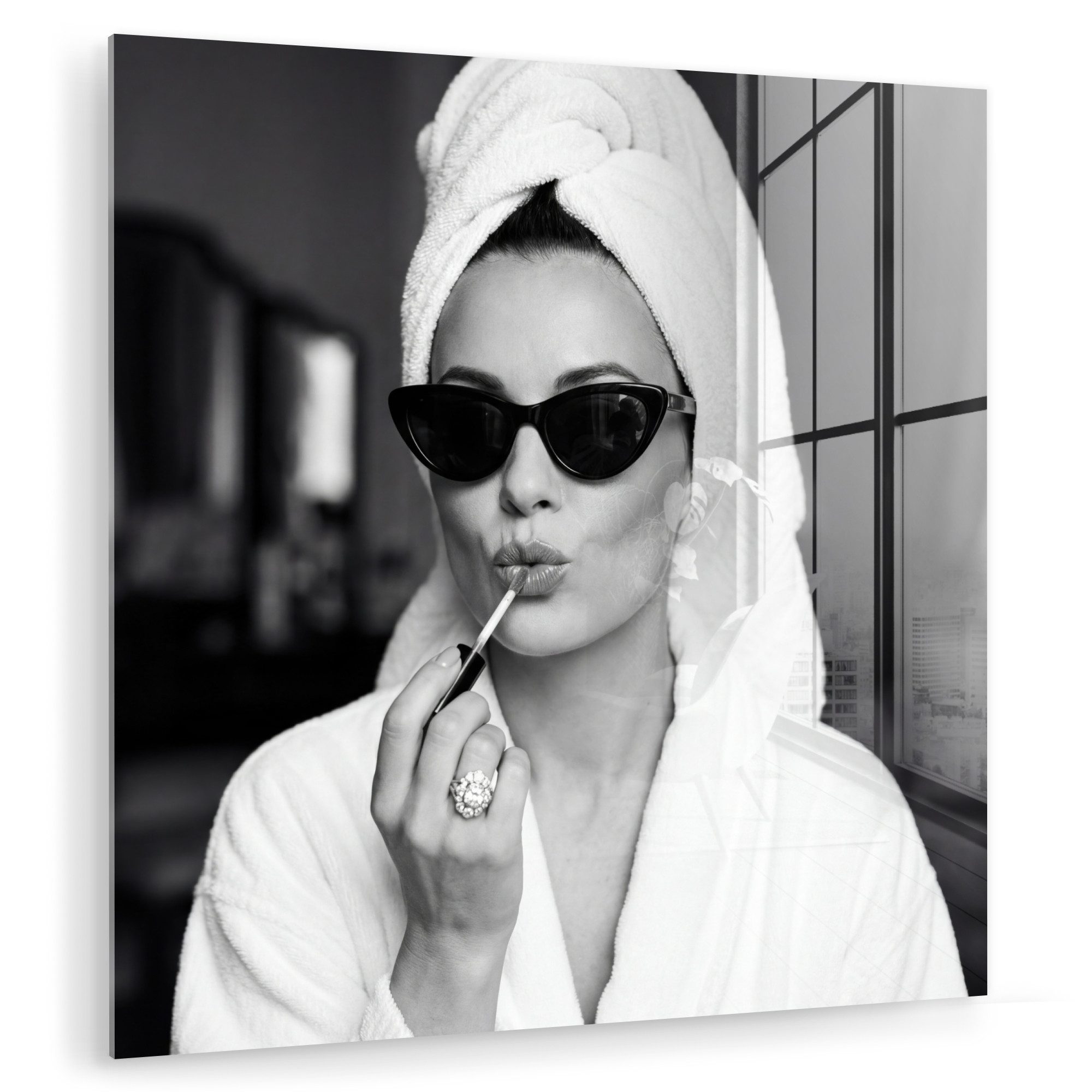 MuchoWow Acrylglasbild Sonnenbrille - Frauen - Schwarz - Weiß, Inkl. Aufhängung, Bilder auf Glas Wandbild, Wanddeko Wohnzimmer Badezimmer, 20x20 cm