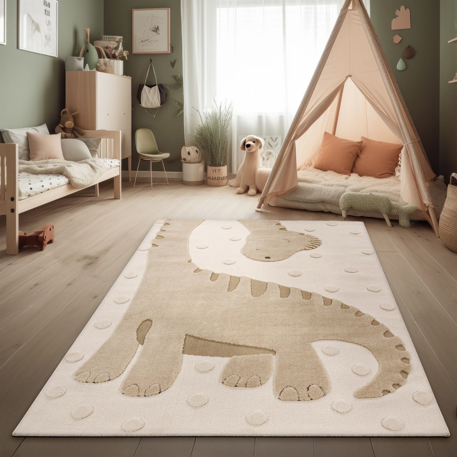 KADIMA DESIGN Kinderteppich kleiner Dinosaurier Kinderzimmer schmutzabweisend Teppich Kinder, Läufer, Höhe: 21 mm, Florhöhe: 17 mm, 100% Polyester, Läufer, 80x150cm, Beige