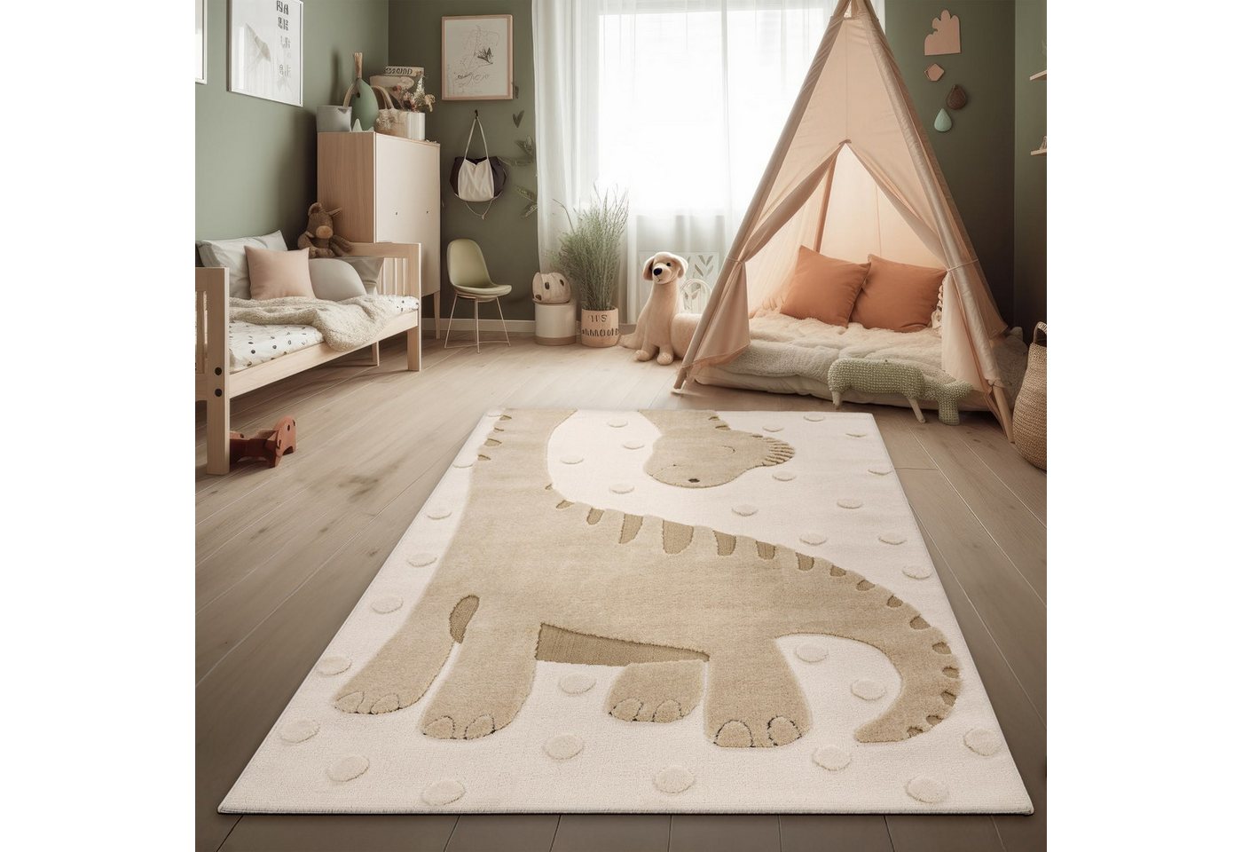 KADIMA DESIGN Kinderteppich kleiner Dinosaurier Kinderzimmer schmutzabweisend Teppich Kinder, Läufer, Höhe: 21 mm, Florhöhe: 17 mm, 100% Polyester, Läufer, 80x150cm, Beige