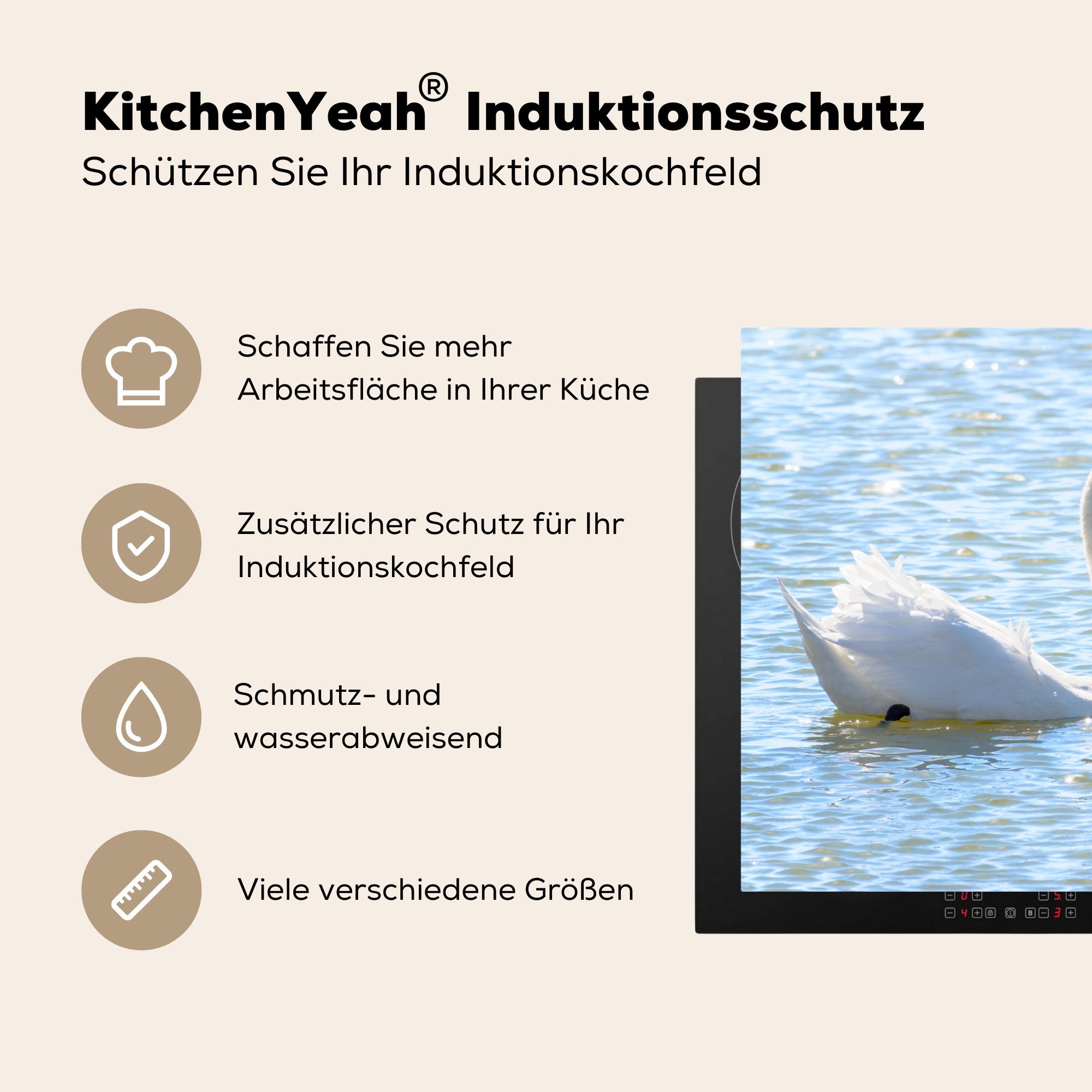 - cm, Sonne, Wasser Herdblende-/Abdeckplatte Arbeitsplatte 77x51 Vinyl, für Vögel küche - tlg), - Liebe (1 Schwan MuchoWow Ceranfeldabdeckung, -